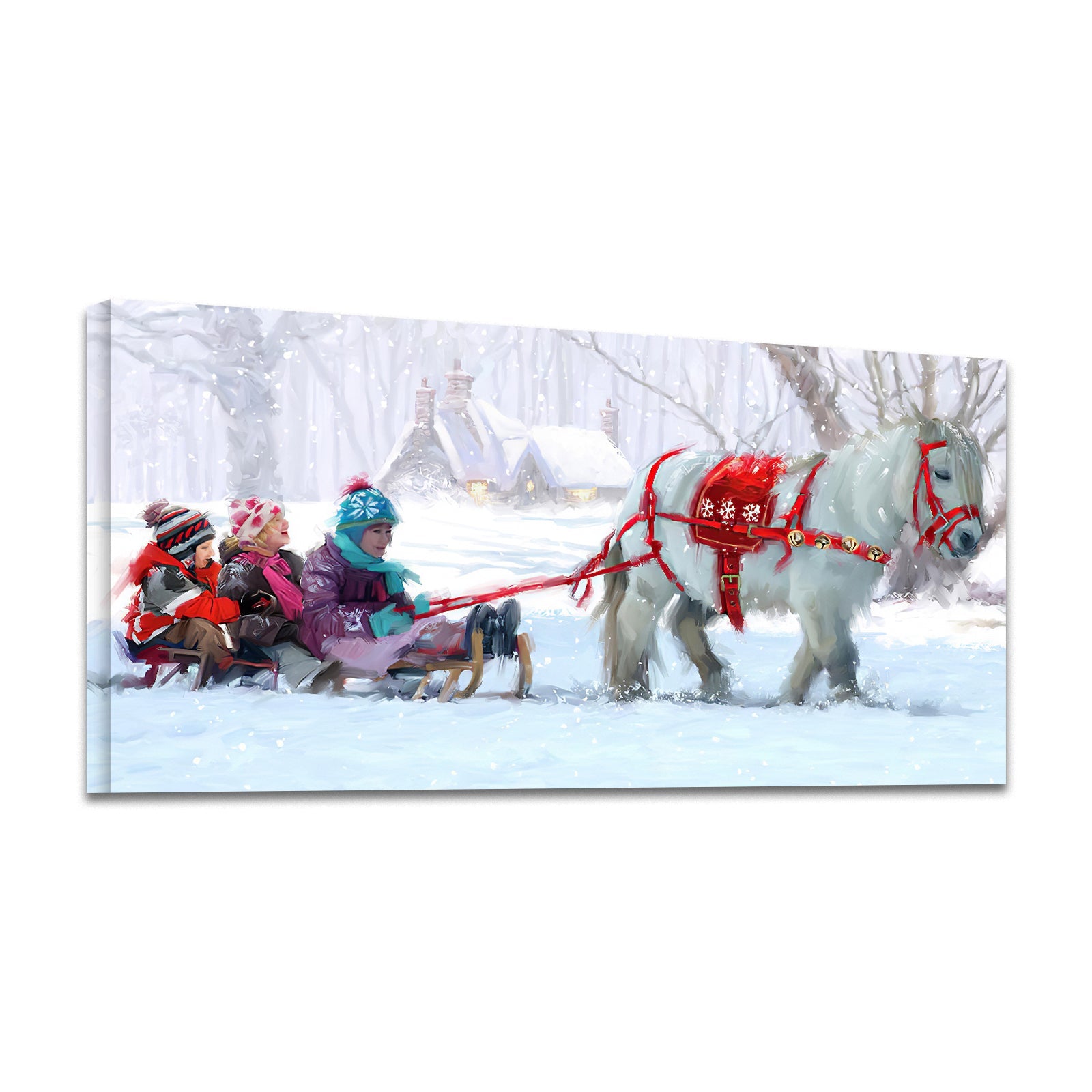 Framed Canvas Wall Art  Kids Riding on White Horse and Sled