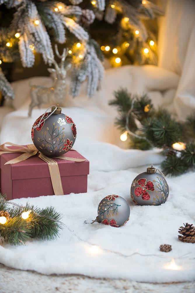 Silver Floral Christmas Ball Ornaments,  Set of 12