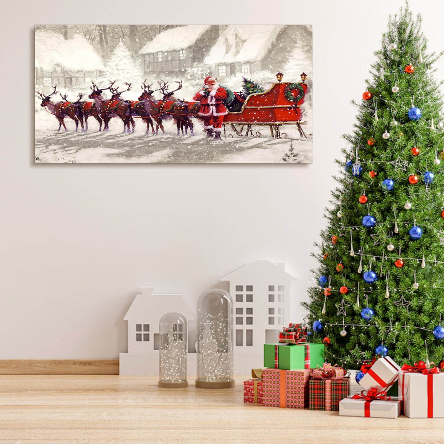 Framed Canvas Wall Art Decor Painting , Santa Claus with Reindeer Sled