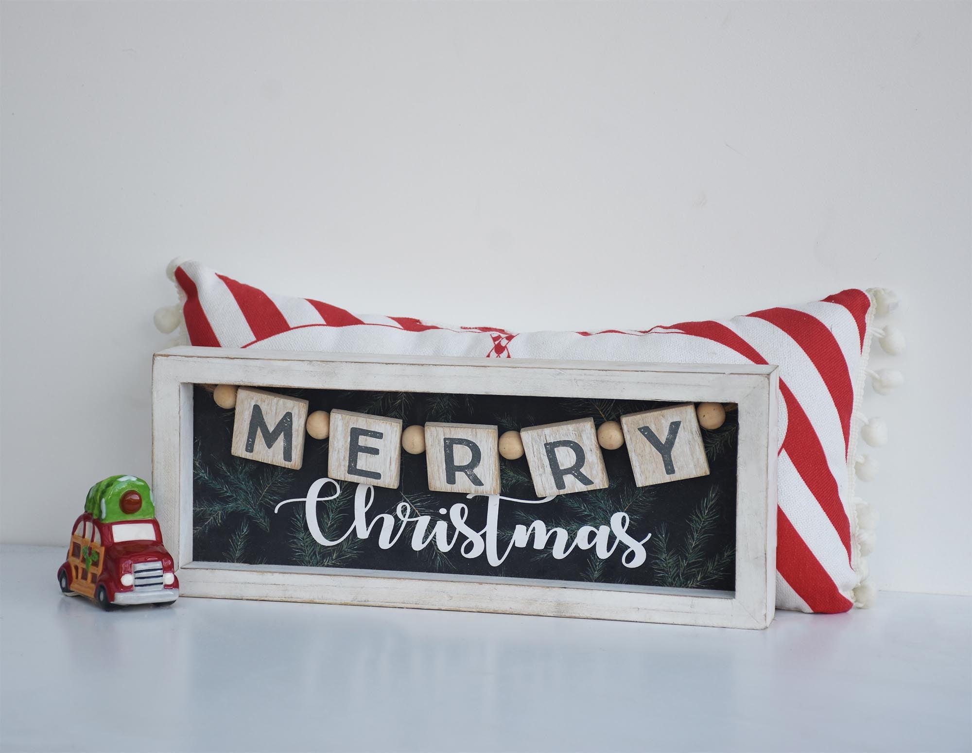 Merry Christmas Wood Tabletop Sign with Bead Garland