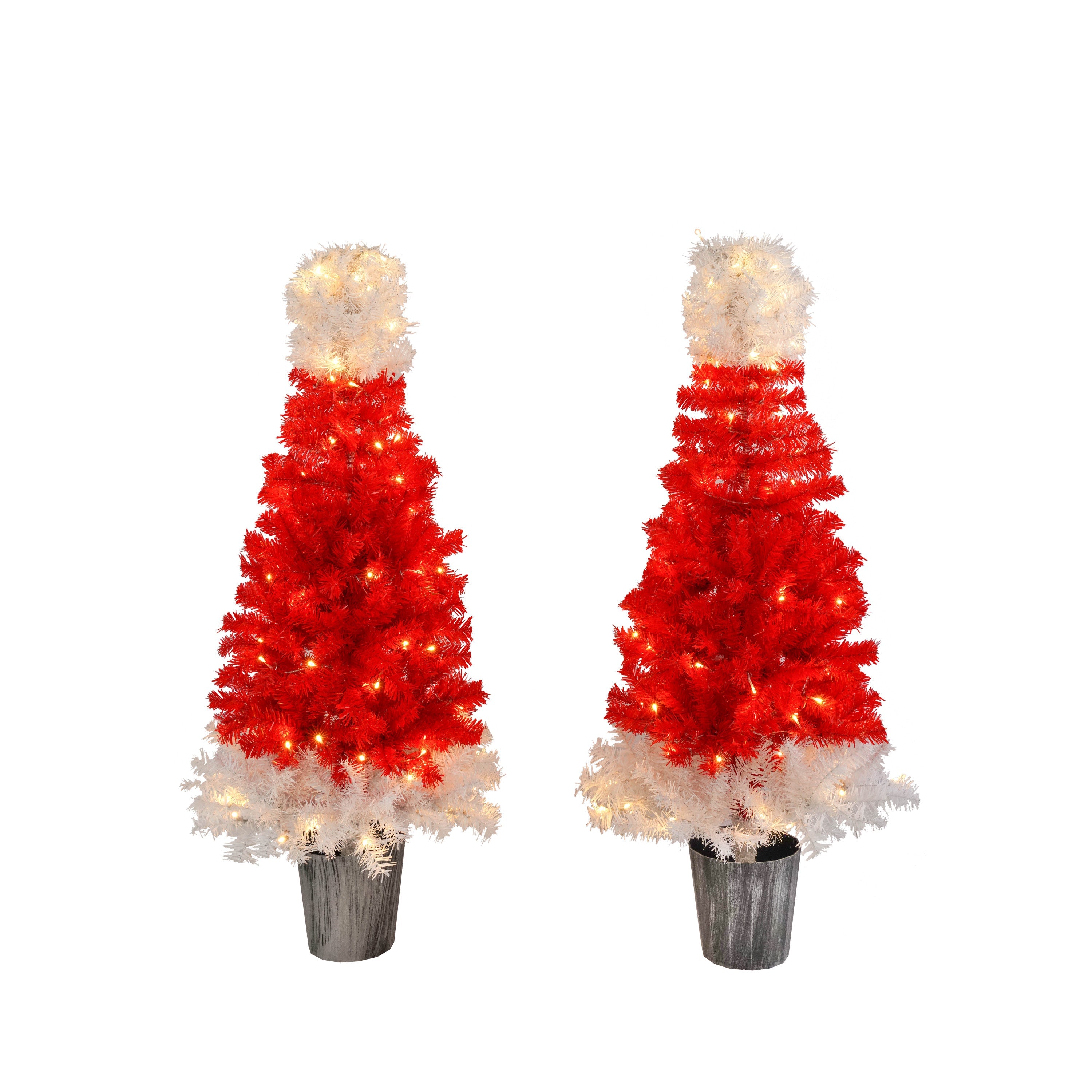 Lighted  Santa Hat Style Christmas Tree Set of 2, 4ft Artificial Tree with Warm White Lights