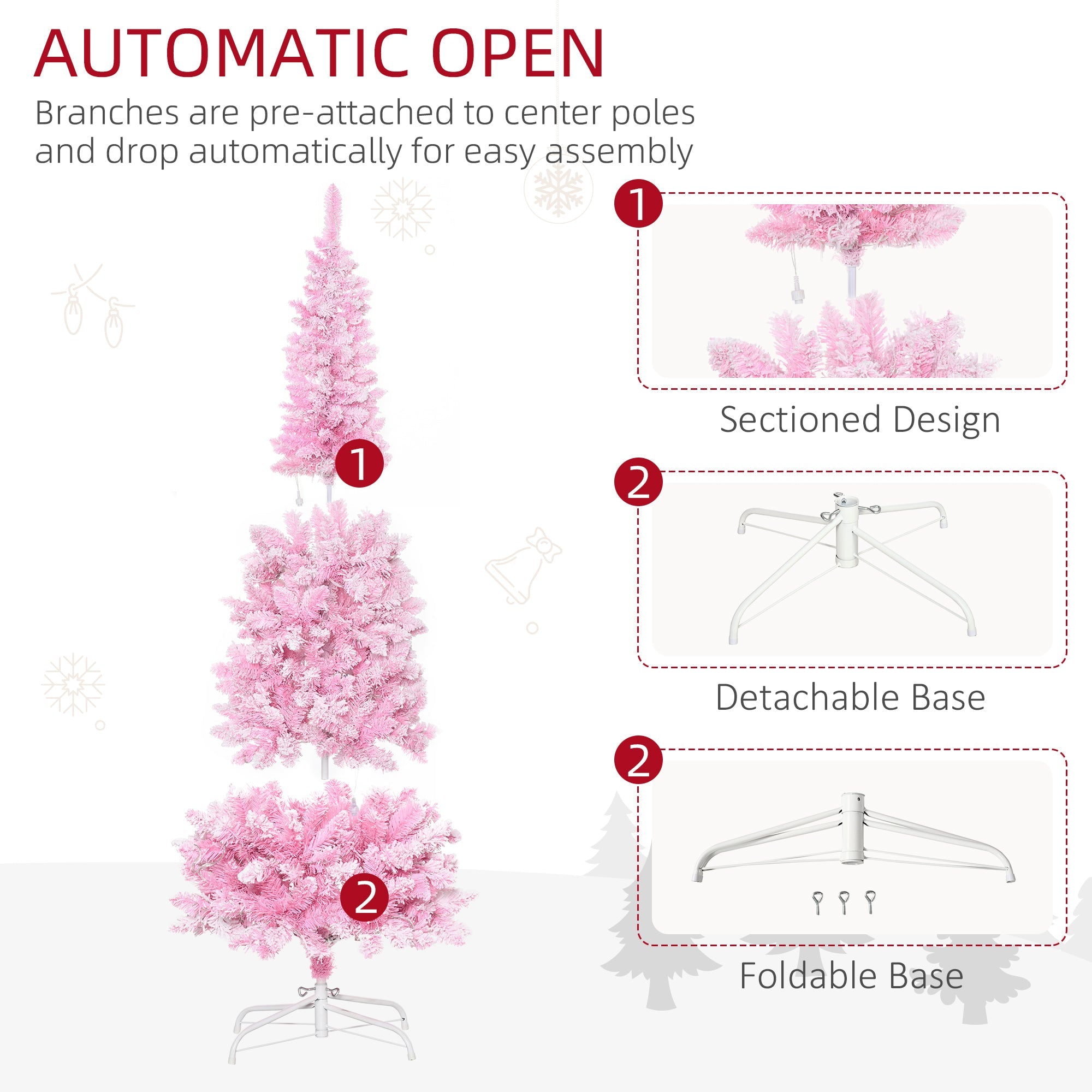 6ft Pre-lit Snow Flocked  Christmas Tree with Pencil Shape,  Pink and White