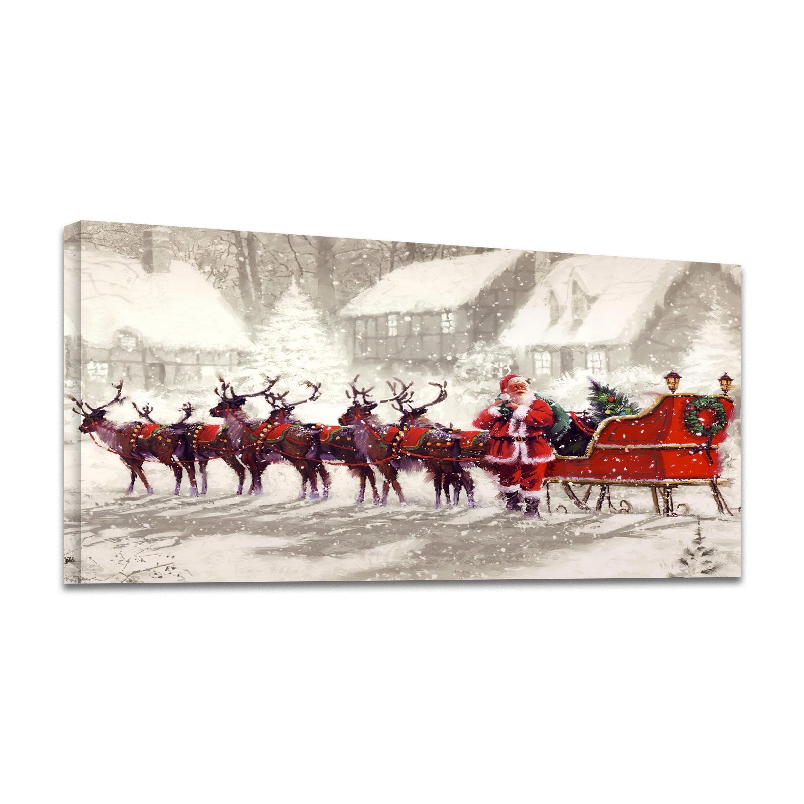 Framed Canvas Wall Art Decor Painting , Santa Claus with Reindeer Sled