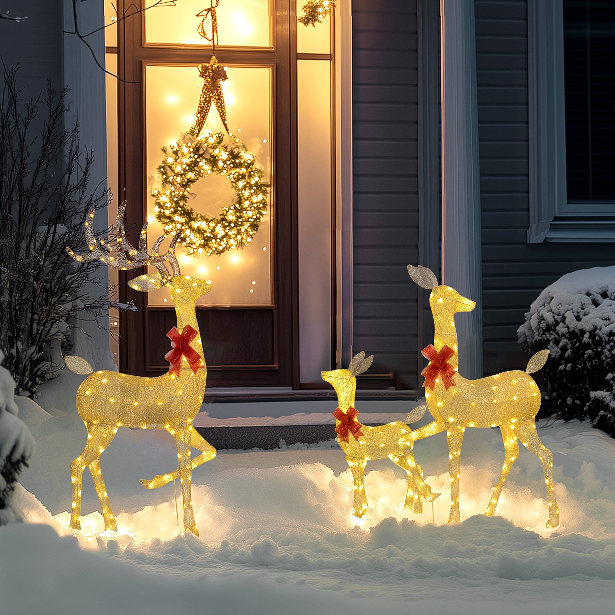 4.5ft 3-Piece Outdoor Light Up Christmas Deer Family Set of 3, with 3 LED Light Modes, Stakes, Zip Ties for Indoor, Outdoor, Yard, Lawn, Gold