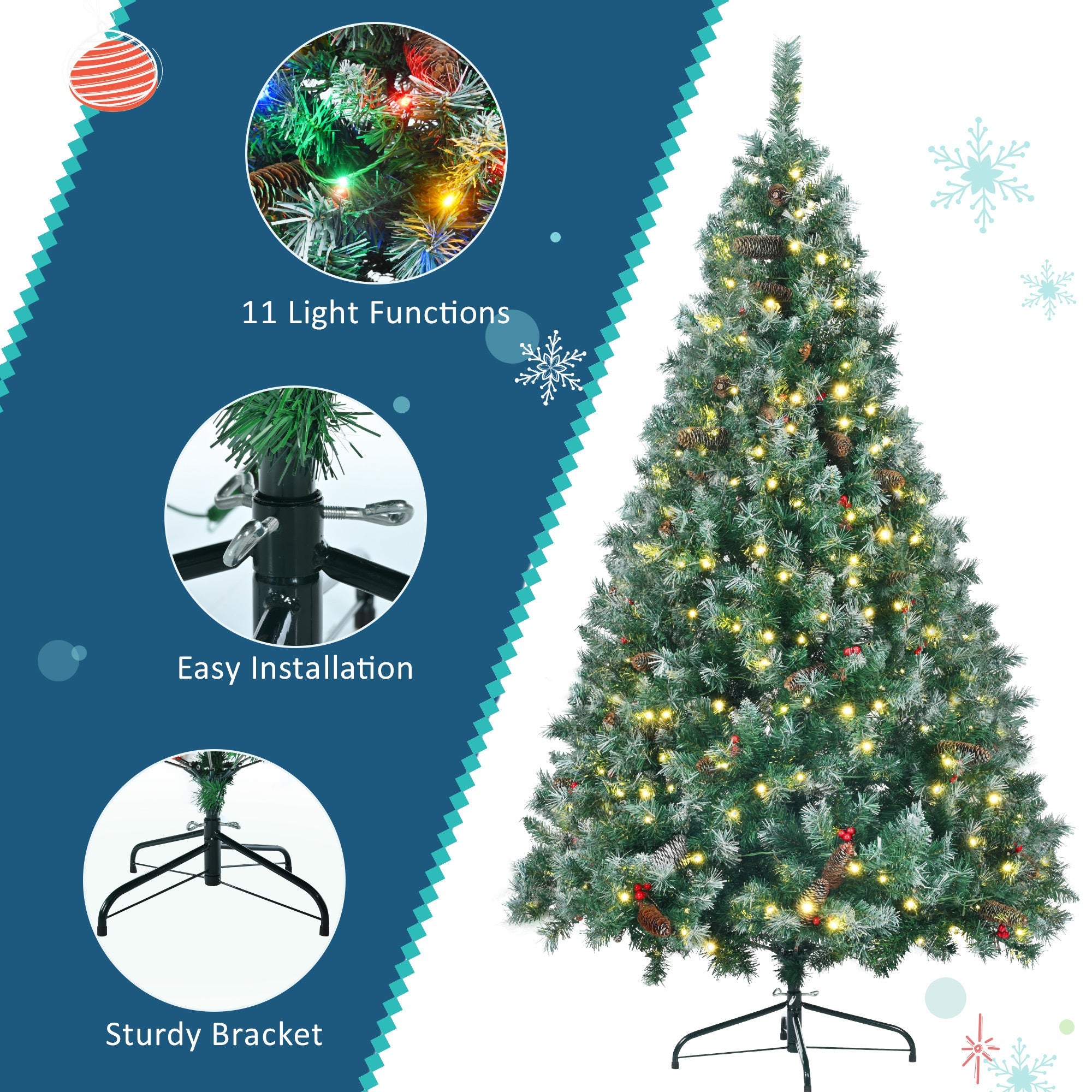 6FT Dark Green Pine Christmas Tree, Pre-Lit 3 PC Set with Tree & Garland & Wreath with white tips