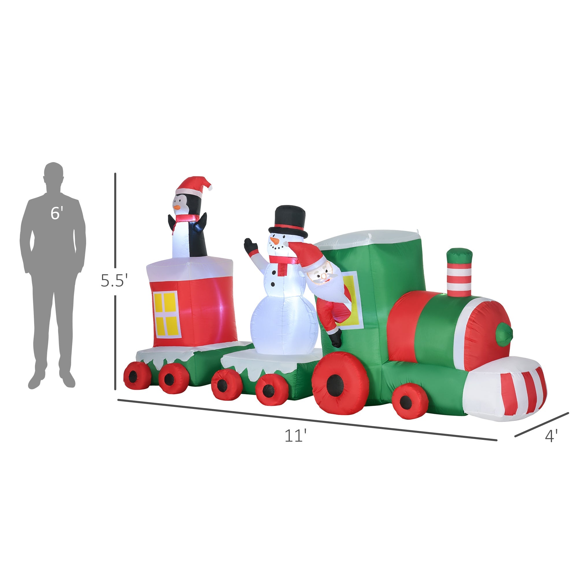 11ft  Holiday Train with Santa, Snowman and Penguin, Blow-Up Yard Decor with LED Lights-Christmas Inflatable Outdoor