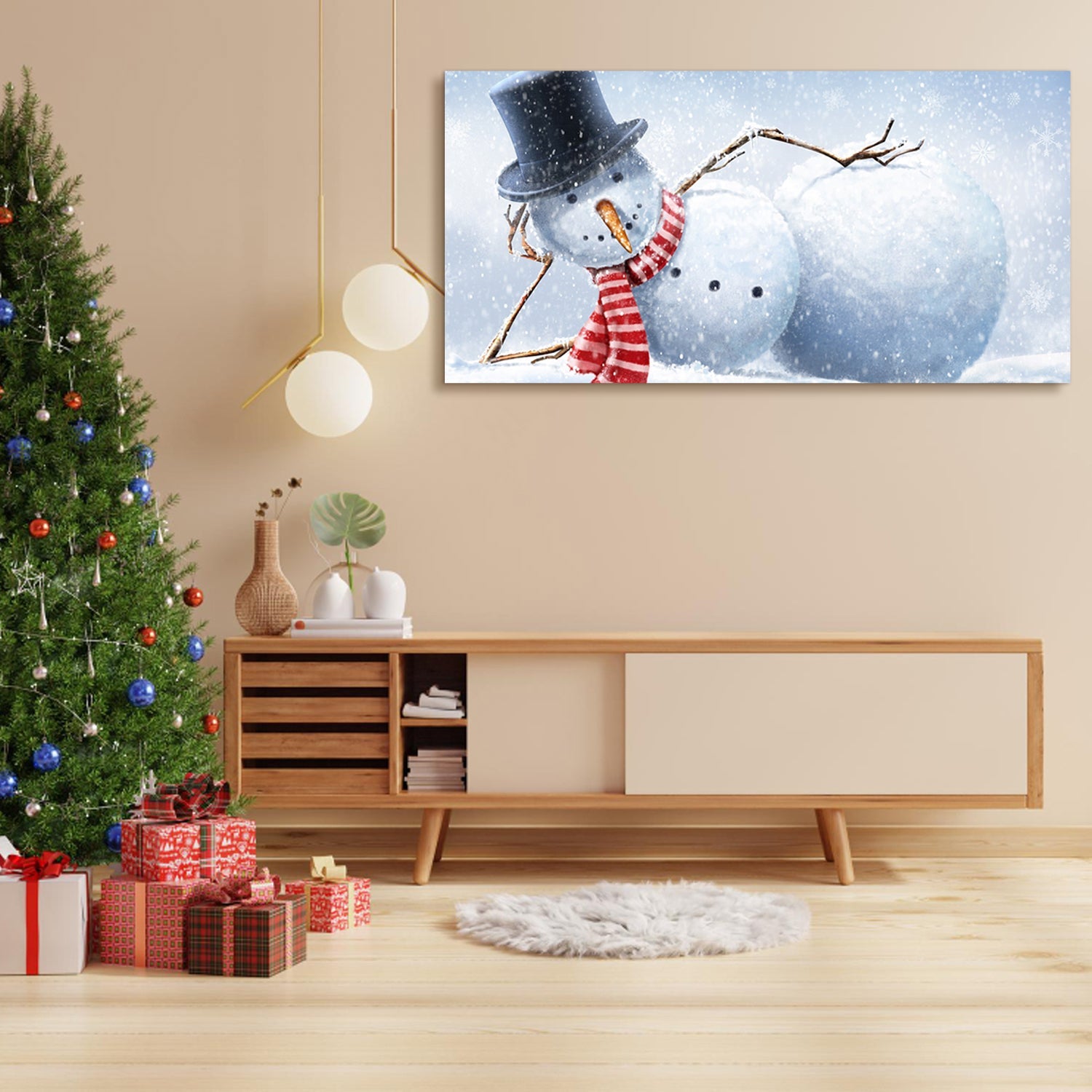 Framed Canvas Wall Art Cute Lying Snowman Painting