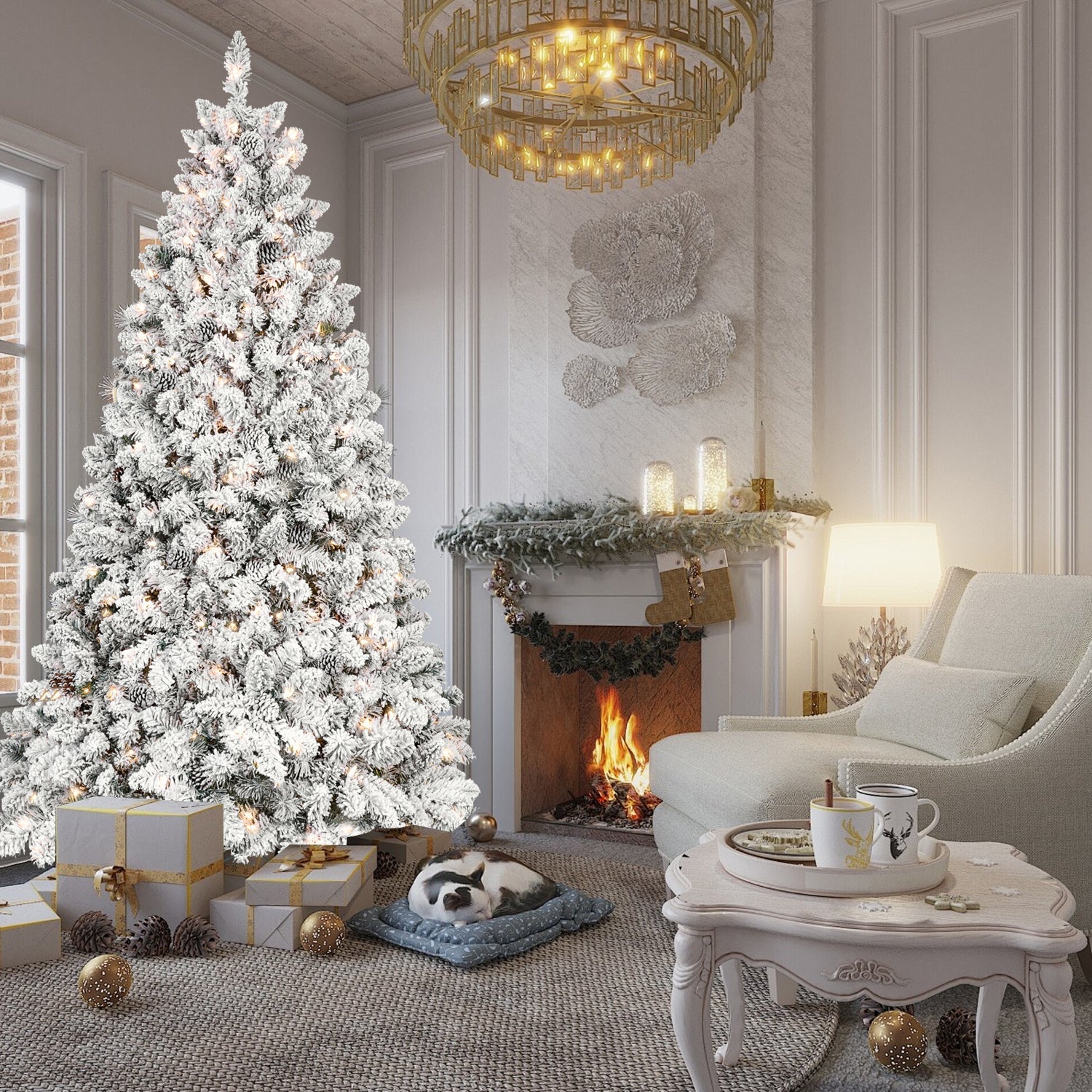 7.5FT Snow-Flocked Prelit Christmas Tree, Perfect for Home Decor.