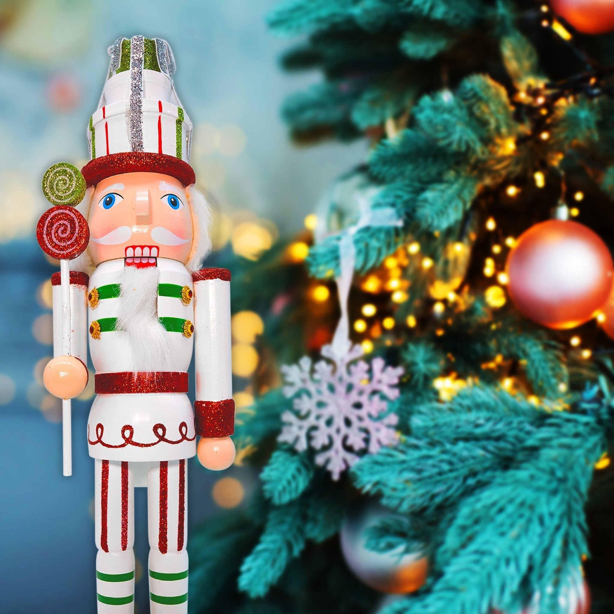 14-inch Wooden Nutcrackers Christmas Decoration Figures (Green-Candy Cane Solider)