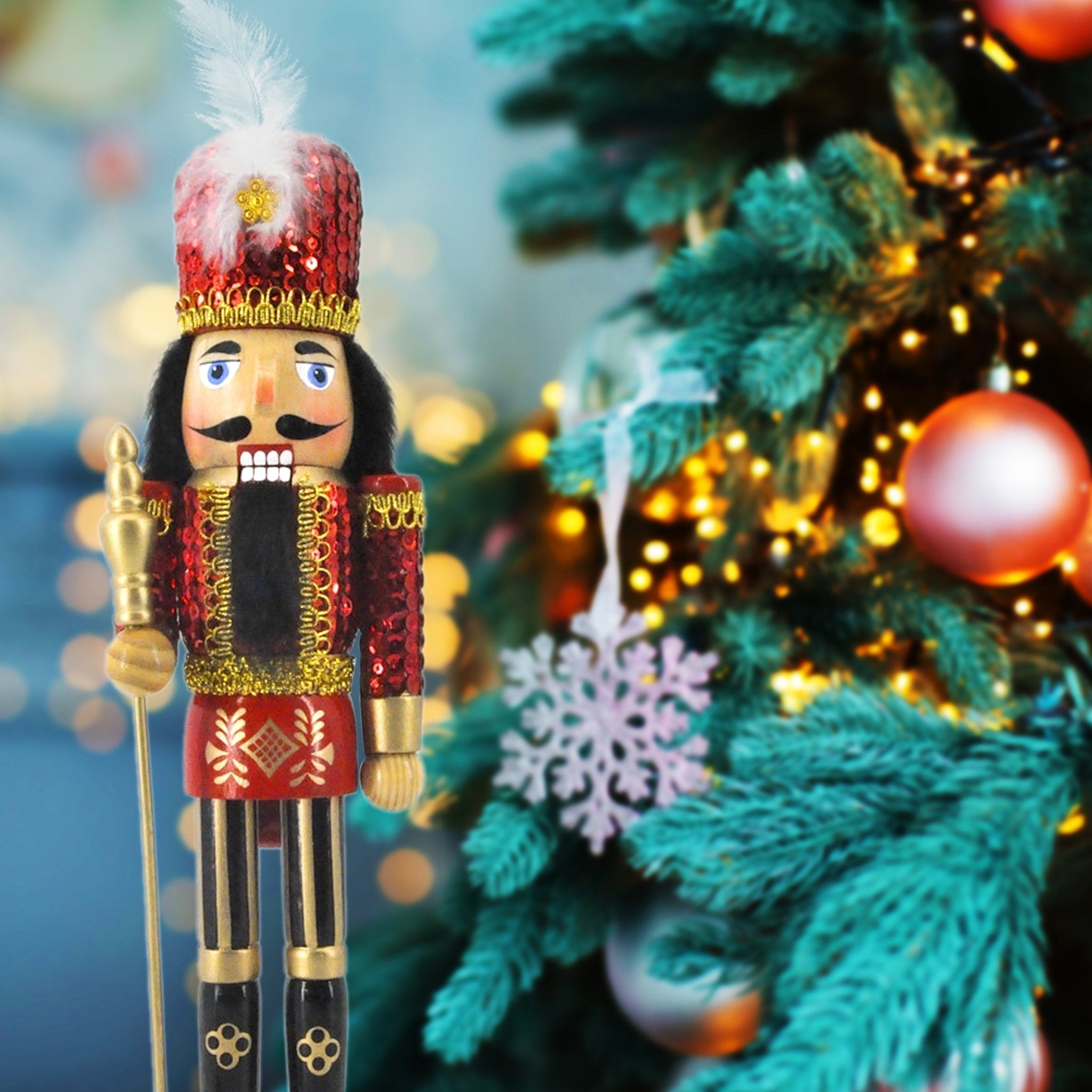 14IN Red Gold Sequin Soldier Nutcracker, Festive Nutcracker Figures Decoration