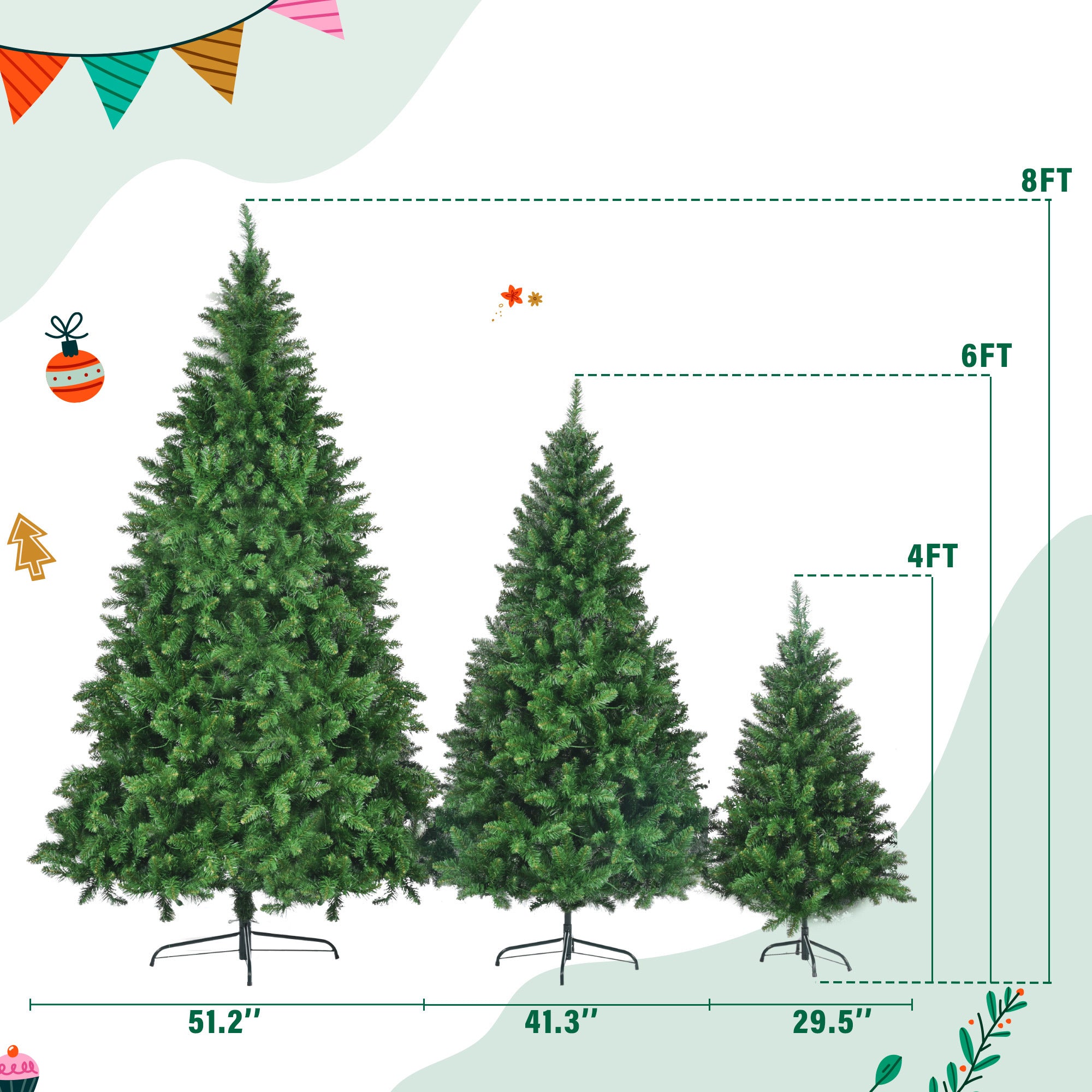 8FT, 6FT, 4FT Pre-Lit Green Pine Artificial Christmas Tree, Set of 3 Hinged Xmas Trees with 820 Warm-Yellow LED Lights