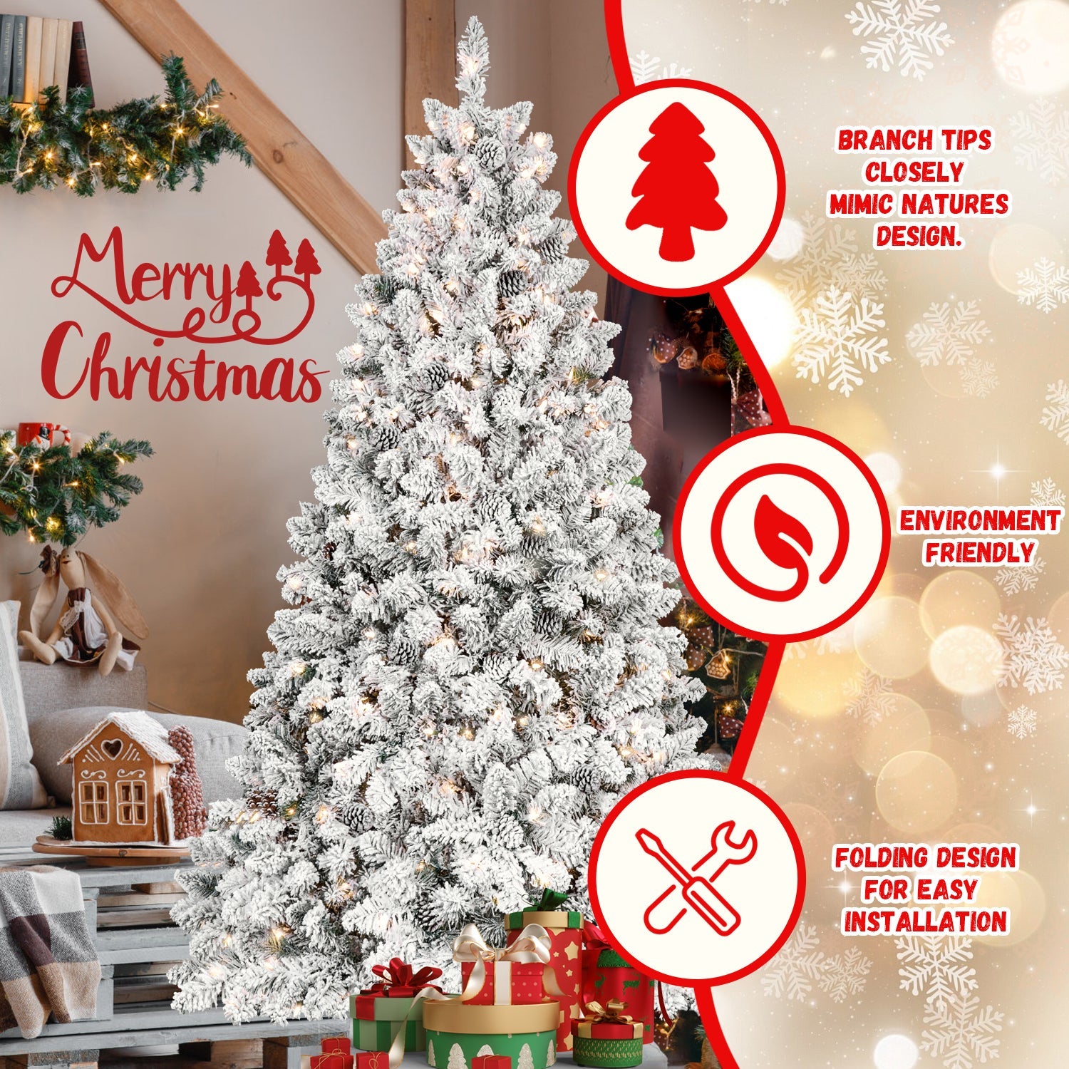 7.5FT Snow-Flocked Prelit Christmas Tree, Perfect for Home Decor.