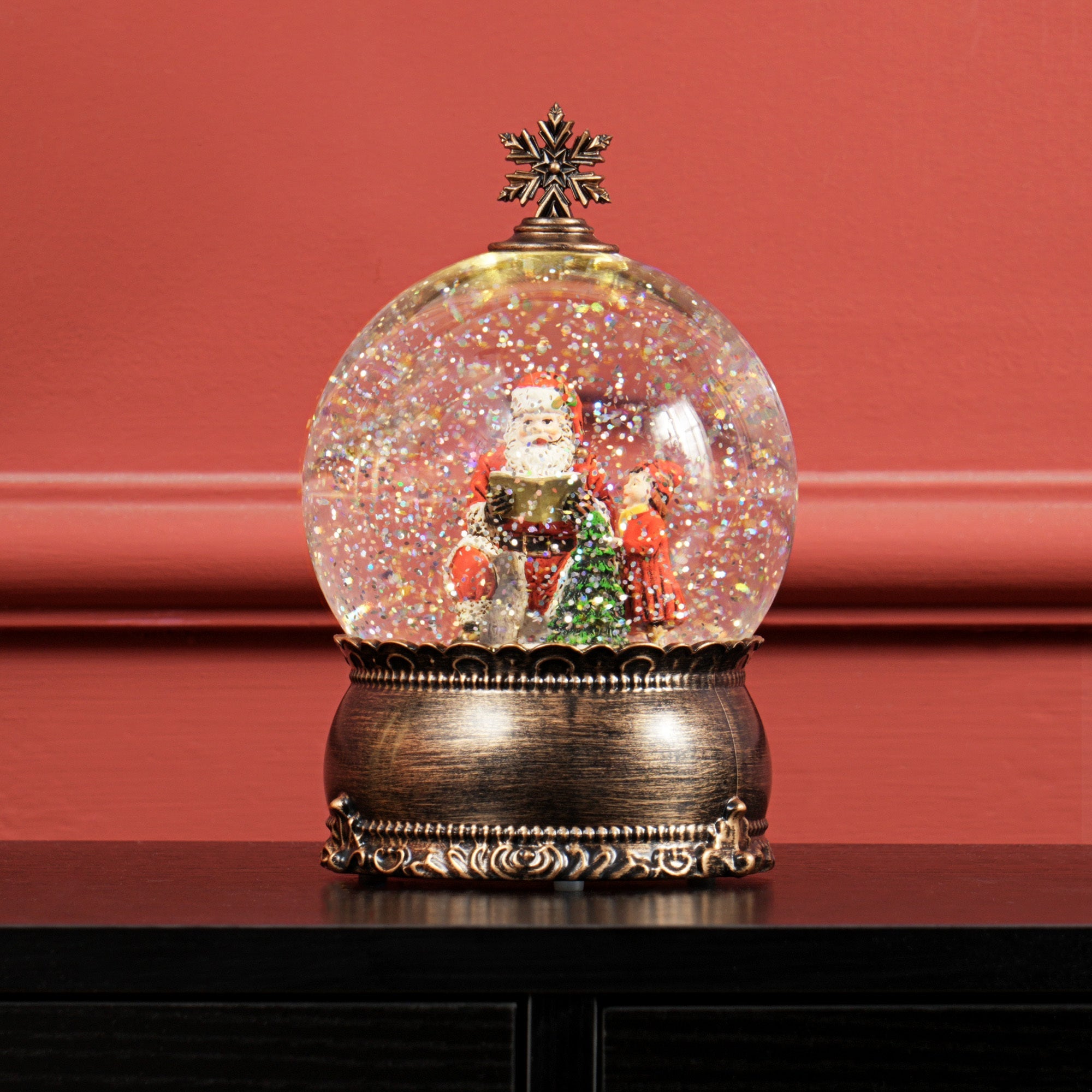 Christmas Snow Globe with Light, Musical Snow Globe with Swirling Glitter, Battery Operated Christmas Decoration , Bronze