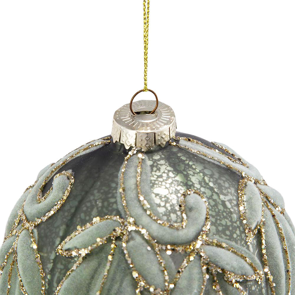 Green with Gold Flocking Christmas Ball Ornaments, Set of 6