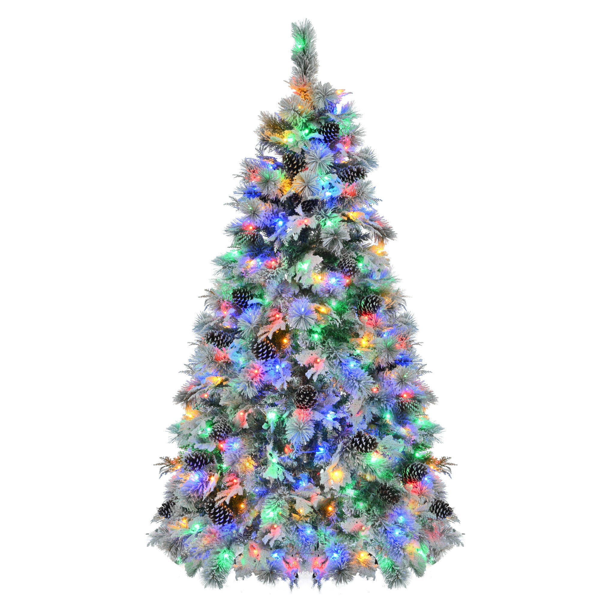 6FT Pre-Lit Spruce Snow Flocked Christmas Tree with Pine Cones, 250 Multi-Color LED Lights, 11 Flashing Modes,