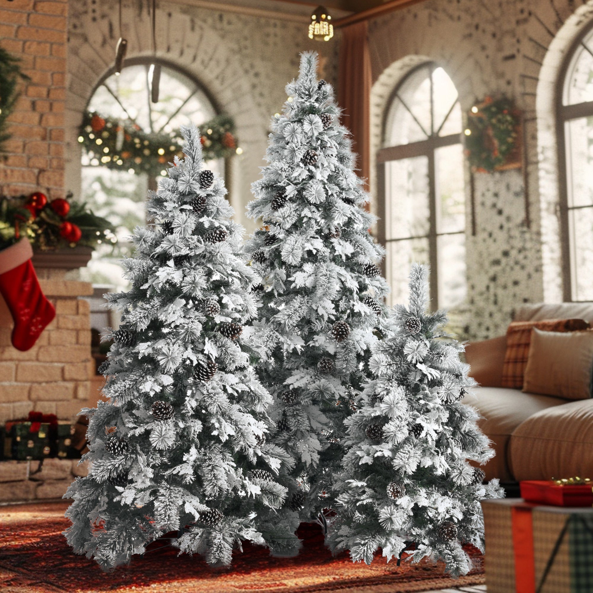 Pre-Lit Spruce Snow Flocked Xmas Tree Set - 4FT, 6FT, 7.5FT with Pine Cones- Set of 3