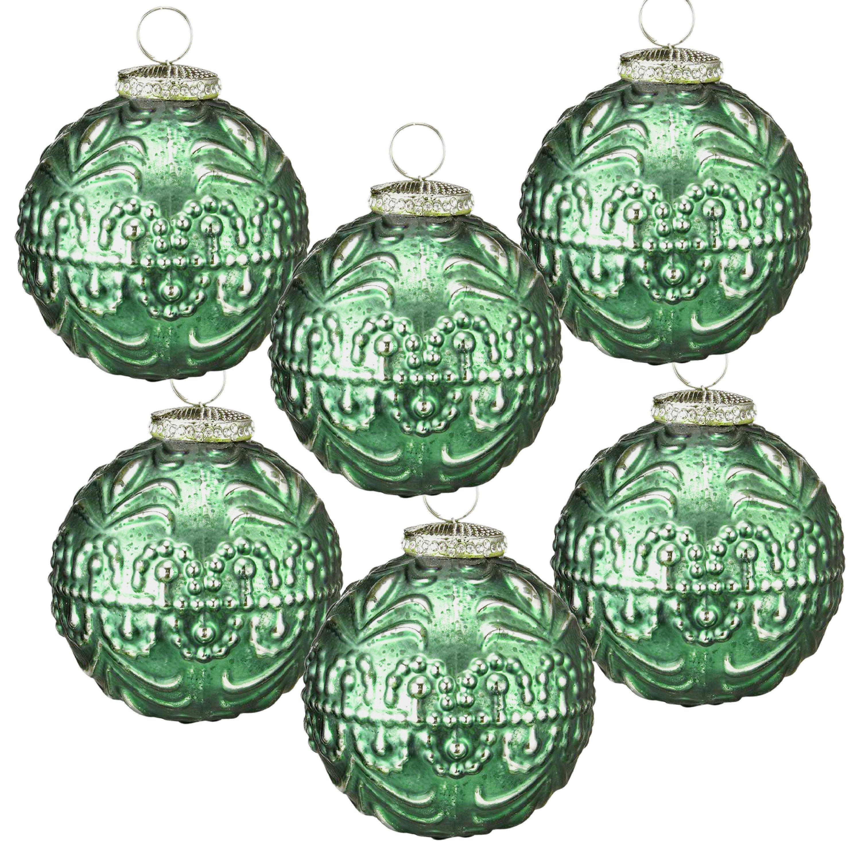 Green Etched Christmas Ball Ornaments,  Set of 6