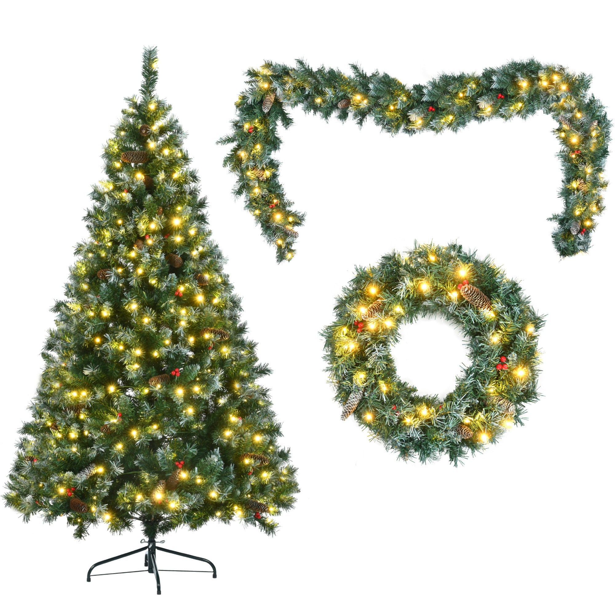 6FT Dark Green Pine Christmas Tree, Pre-Lit 3 PC Set with Tree & Garland & Wreath with white tips