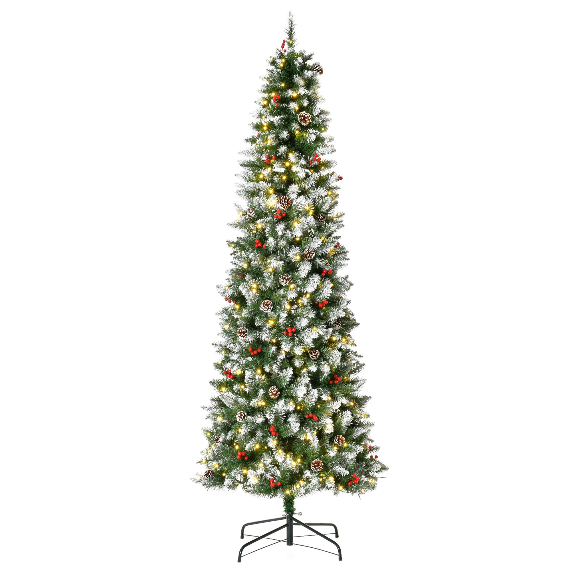 7.5ft Pre-Lit Snow-Dipped  Christmas Tree, Pine Cones, Red Berries