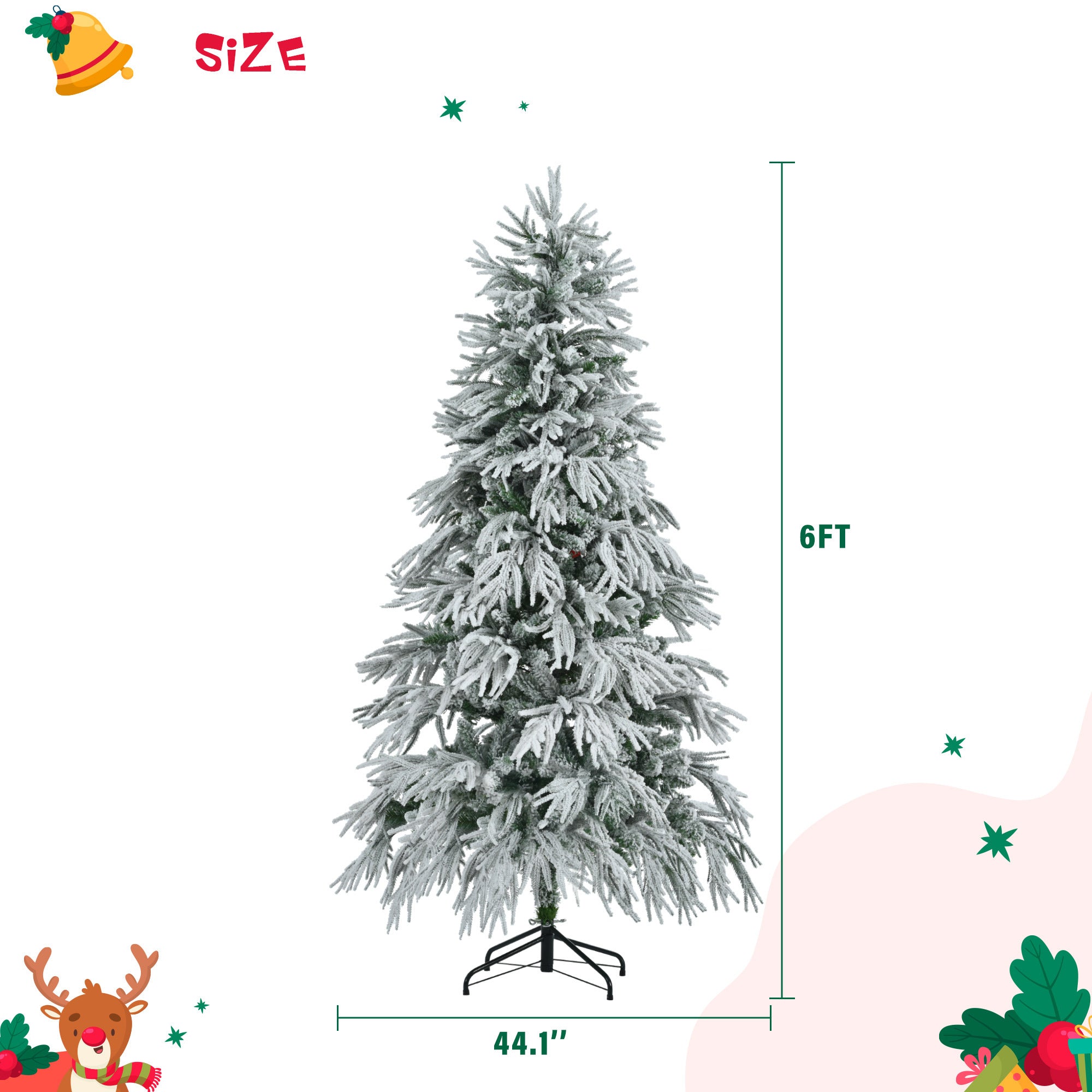 6FT Pre-Lit Spruce Snow Flocked Christmas Tree, Artificial Hinged Xmas Tree with 300 Multi-Color LED Lights