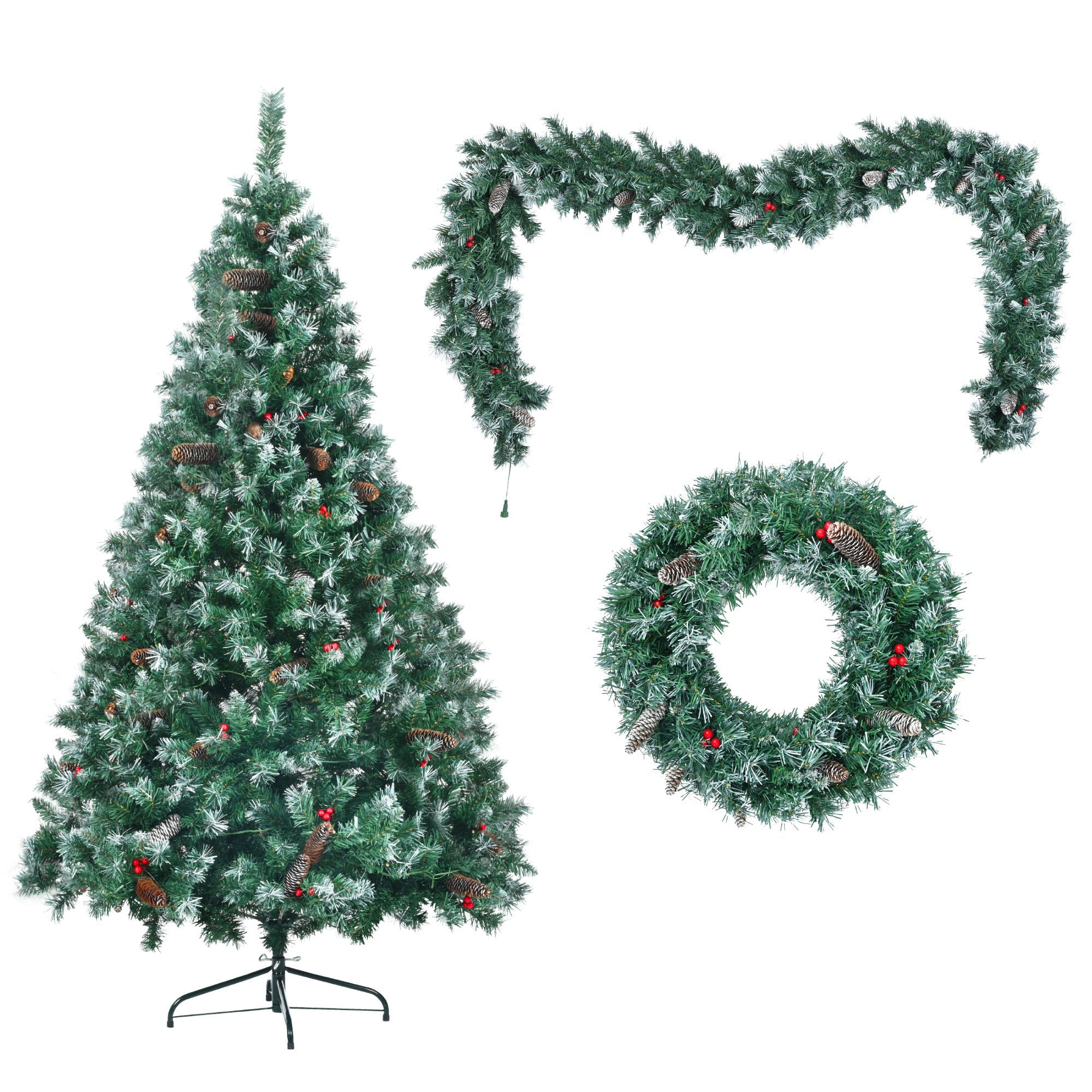 6FT Dark Green Pine Christmas Tree, Pre-Lit 3 PC Set with Tree & Garland & Wreath with white tips