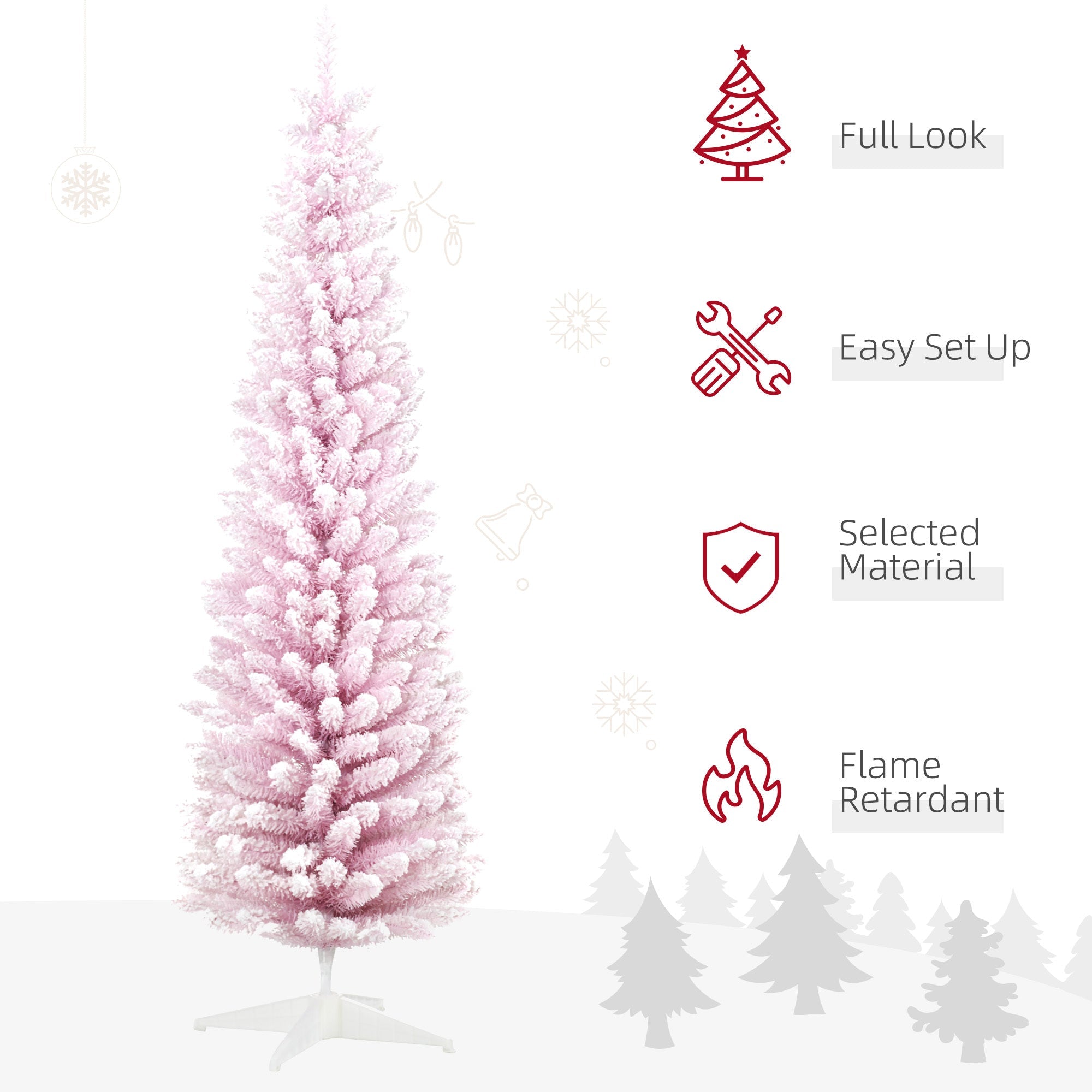 6' Snow Flocked Pencil Christmas Tree, Slim - Pink