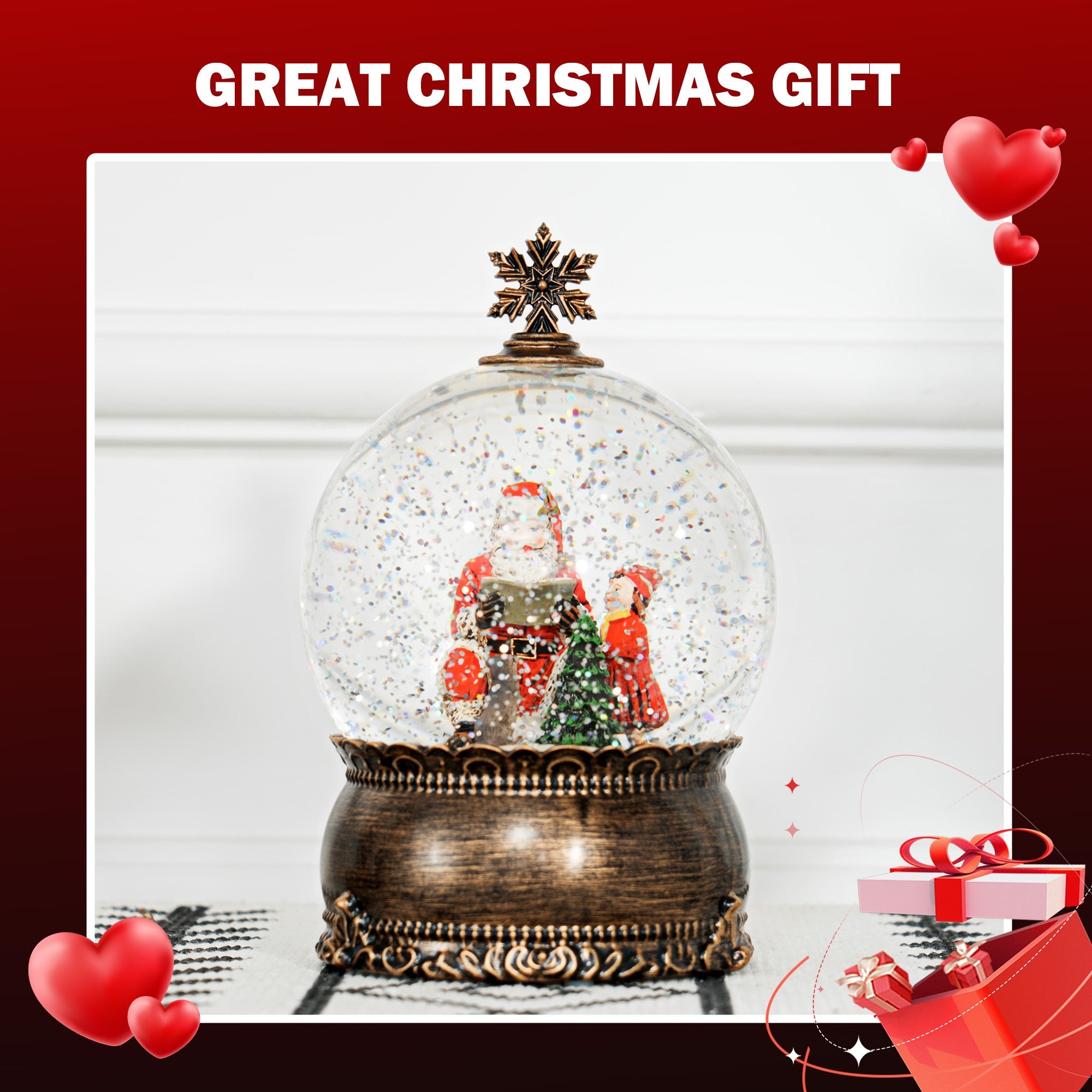 Christmas Snow Globe with Light, Musical Snow Globe with Swirling Glitter, Battery Operated Christmas Decoration , Bronze