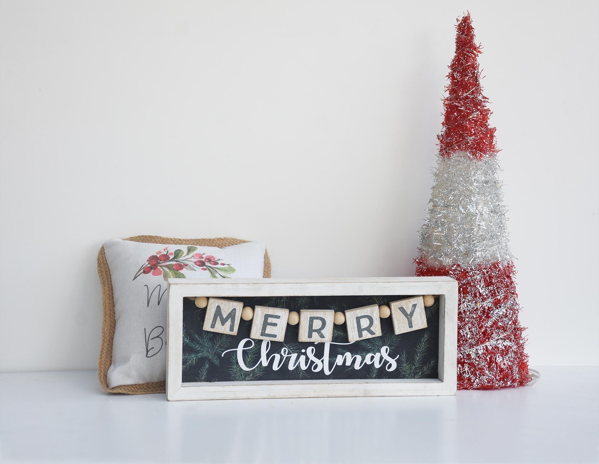 Merry Christmas Wood Tabletop Sign with Bead Garland