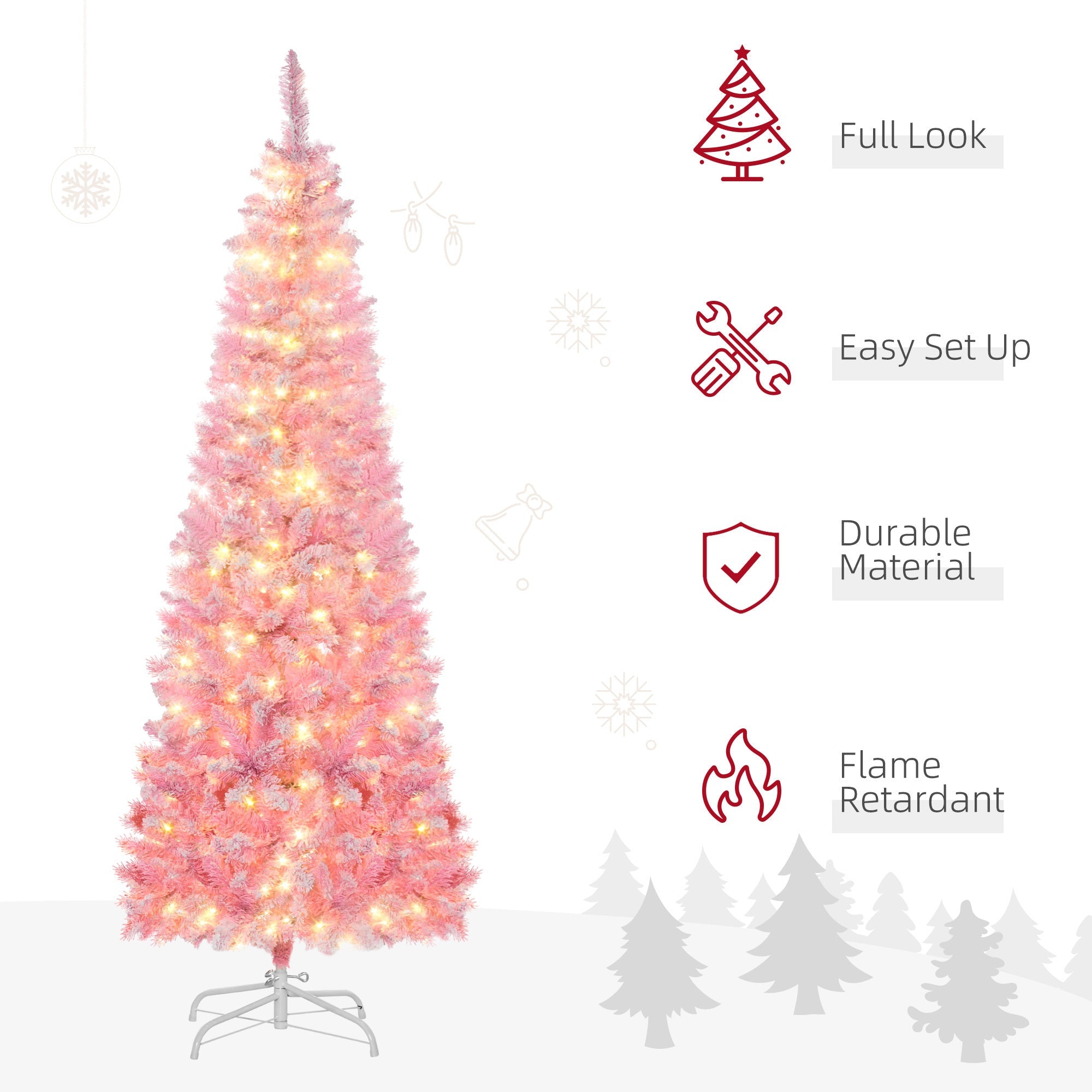 6ft Pre-lit Snow Flocked  Christmas Tree with Pencil Shape,  Pink and White