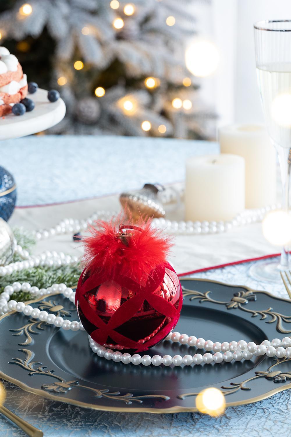 Red with Fur Christmas Ball Ornaments, Set of 6