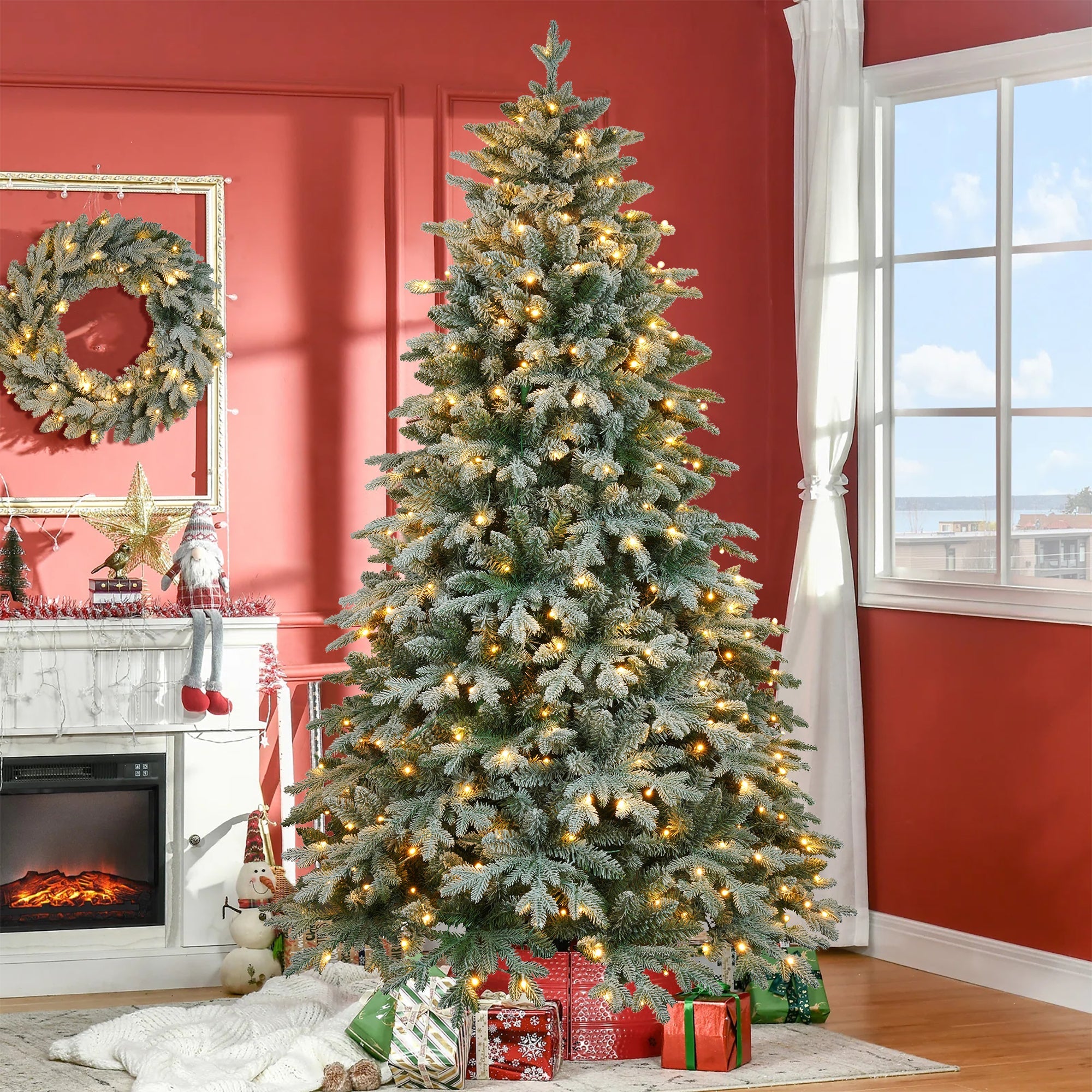 7ft Lighted Artificial Christmas Tree with Wreath Set of 2