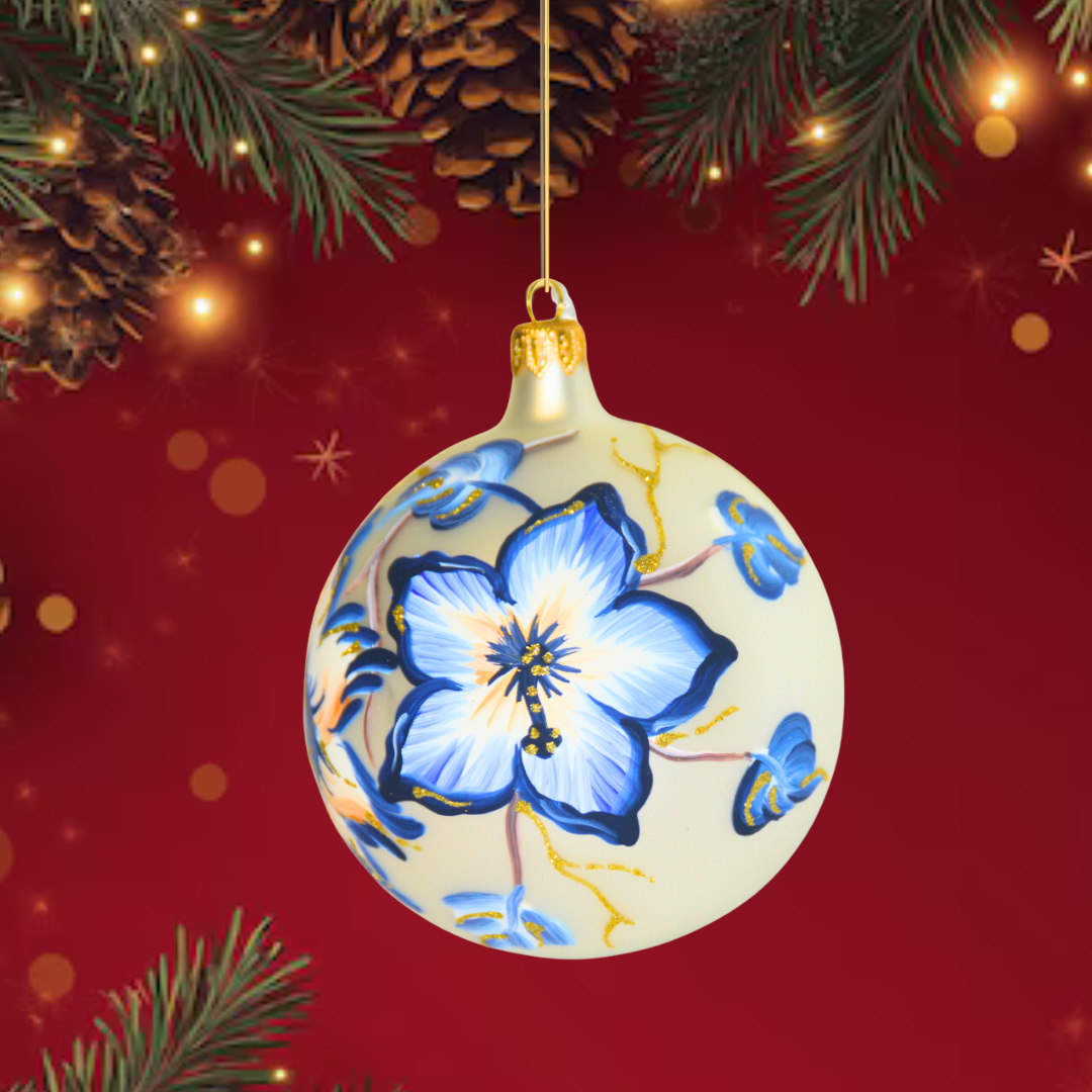 4" Hand Painted Italian Import Christmas Ornament- Beautiful Blue Holiday Flowers