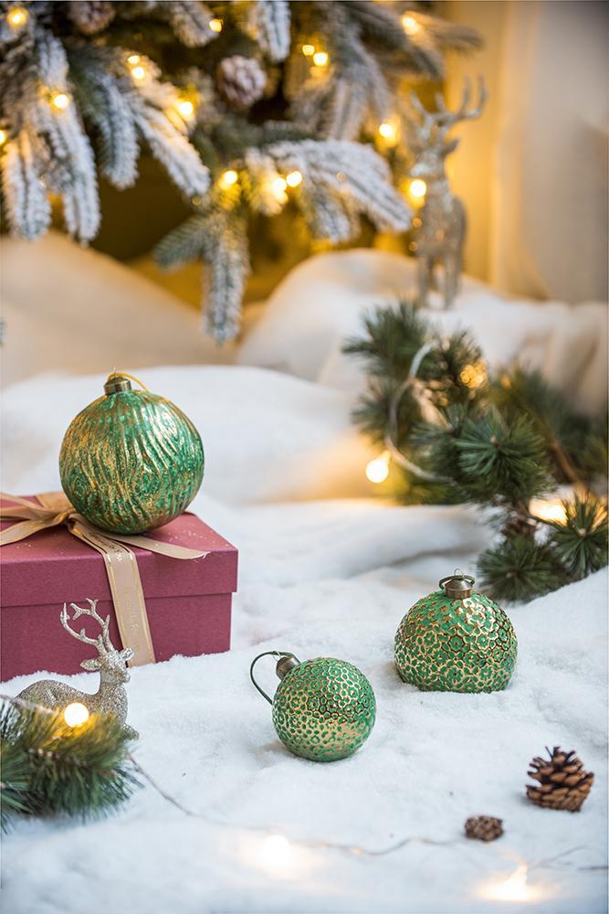 Green with Gold Christmas Ball Ornaments, Set of 6