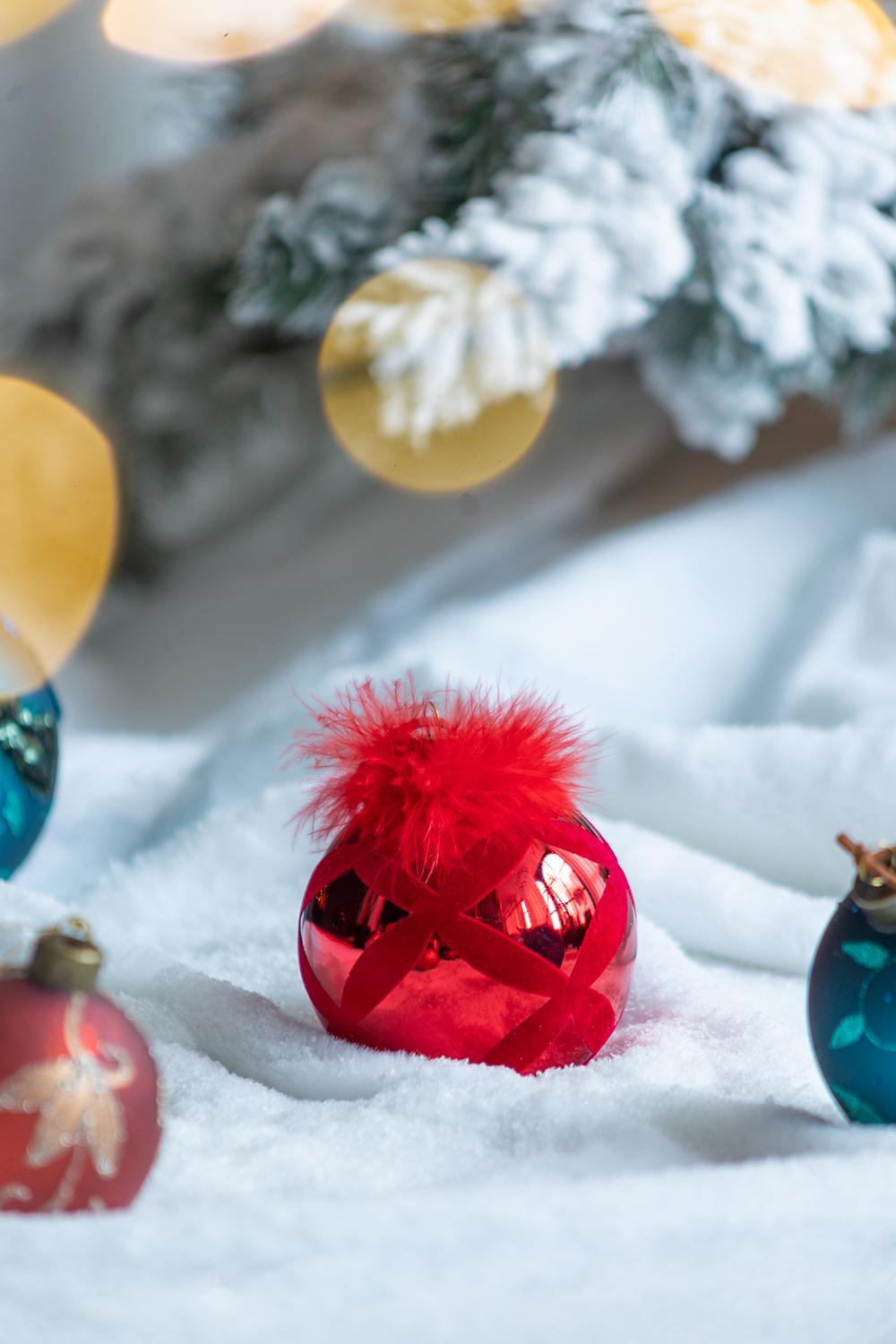 Red with Fur Christmas Ball Ornaments, Set of 6