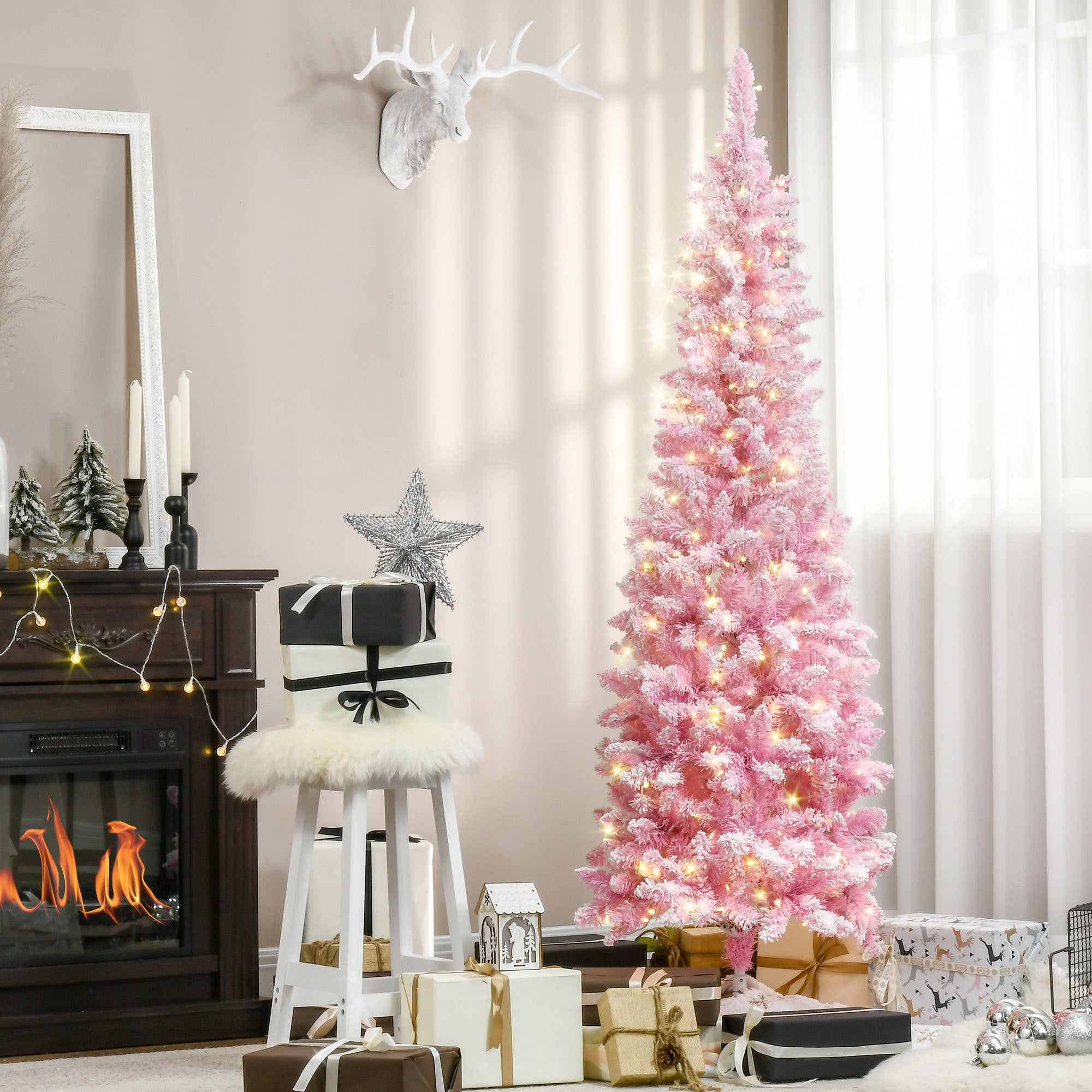 6ft Pre-lit Snow Flocked  Christmas Tree with Pencil Shape,  Pink and White