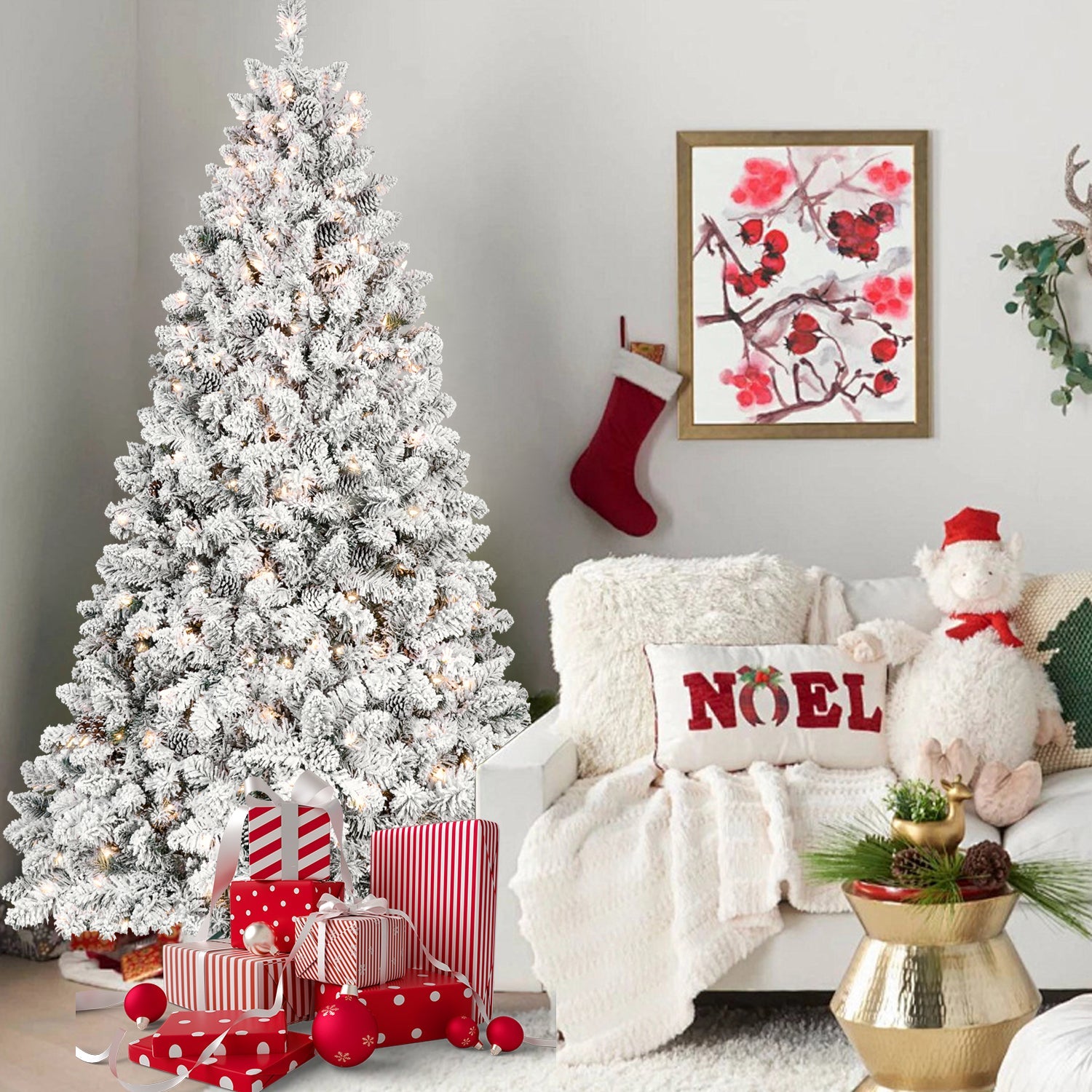 7.5FT Snow-Flocked Prelit Christmas Tree, Perfect for Home Decor.