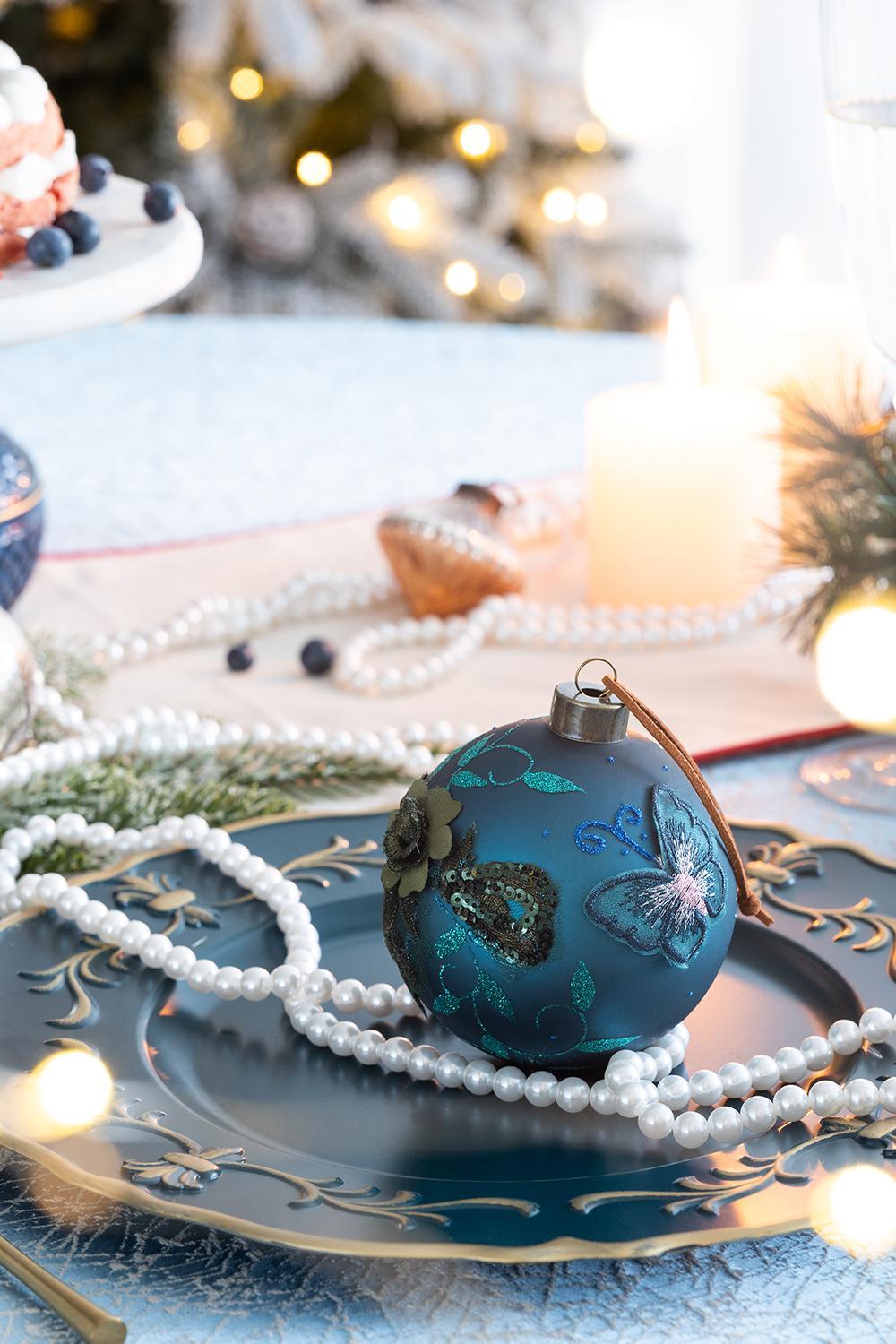 Blue with Gold Butterfly Christmas Ball Ornaments,  Set of 6