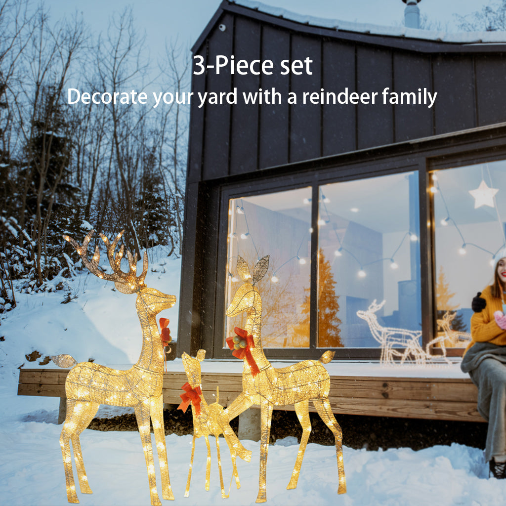 Set of 3 Large Lighted Reindeer Christmas Decorations, with 210 Warm White LED Lights,- Gold