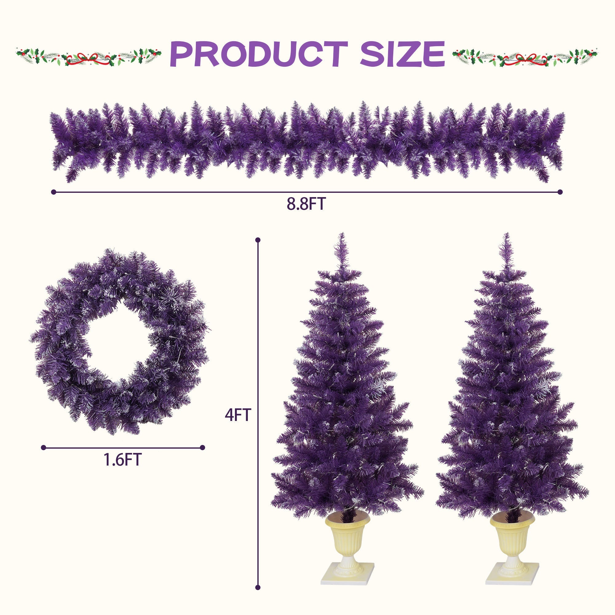 Pre-lit Christmas Artificial Tree 4-Piece Set, Garland, Wreath and Set of 2 Entrance Trees, X-mas with LED Lights, PVC Festival Celebration Set, Purple