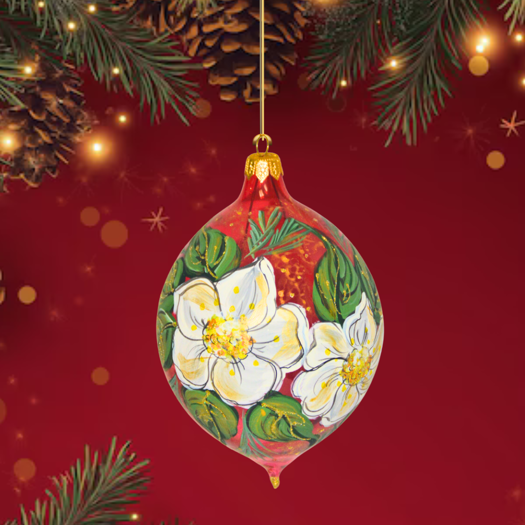 4" Hand Painted Italian Import Christmas Ornament- Festive White Holiday Flowers