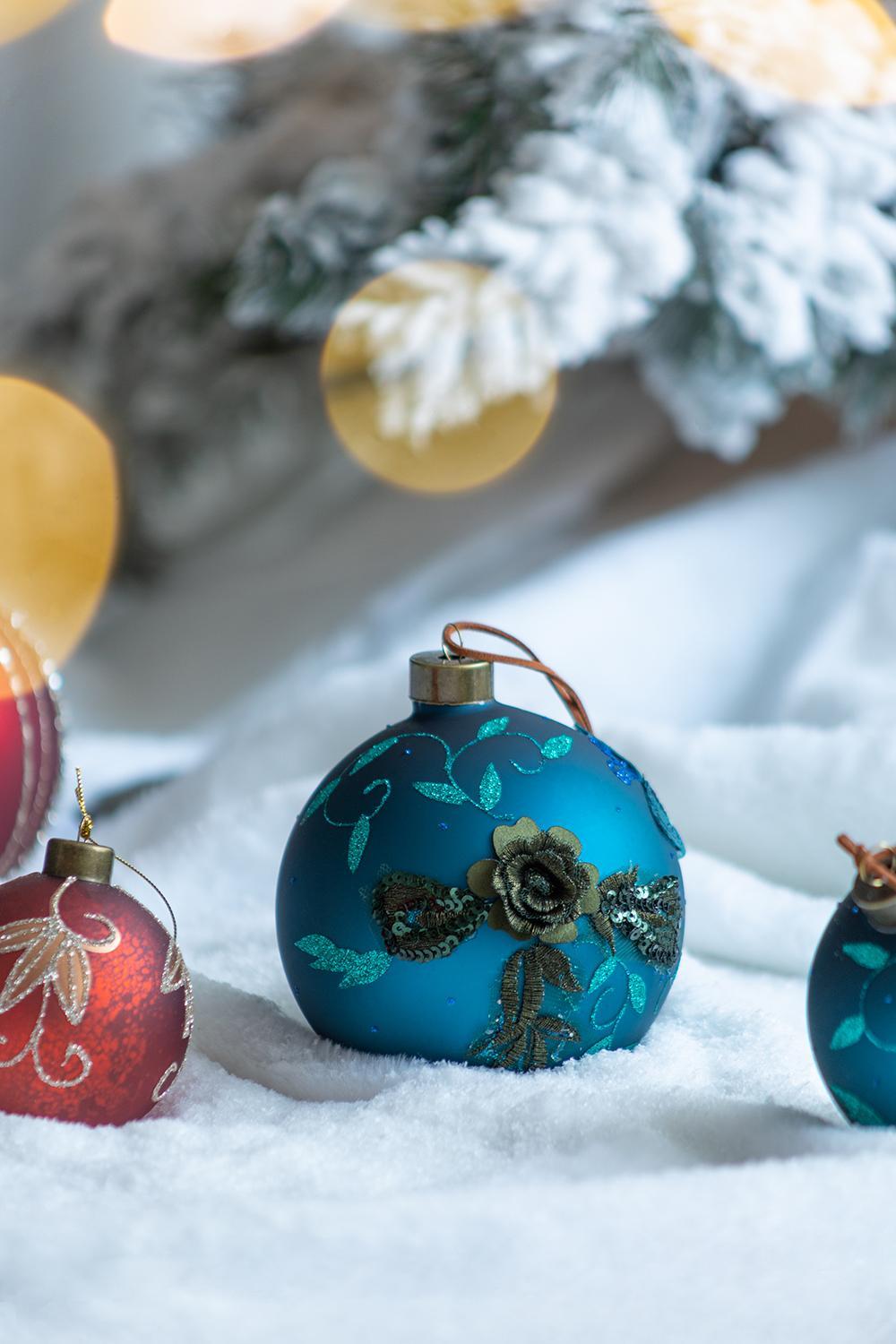 Blue with Gold Flowers Christmas Ball Ornaments,  Set of 4