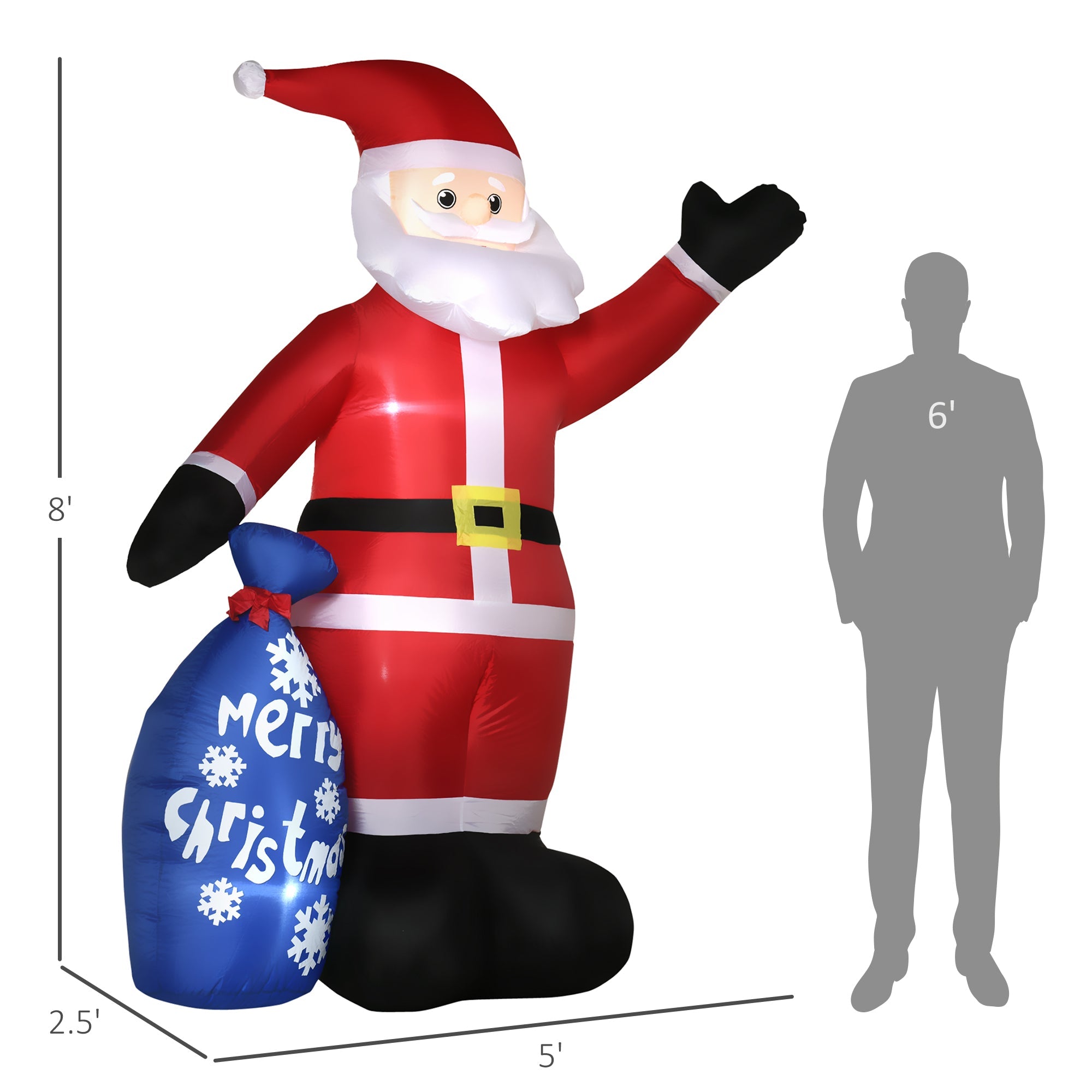 8ft  Smiling Santa Claus with Gift Bag, Blow-Up LED Christmas Inflatables Outdoor