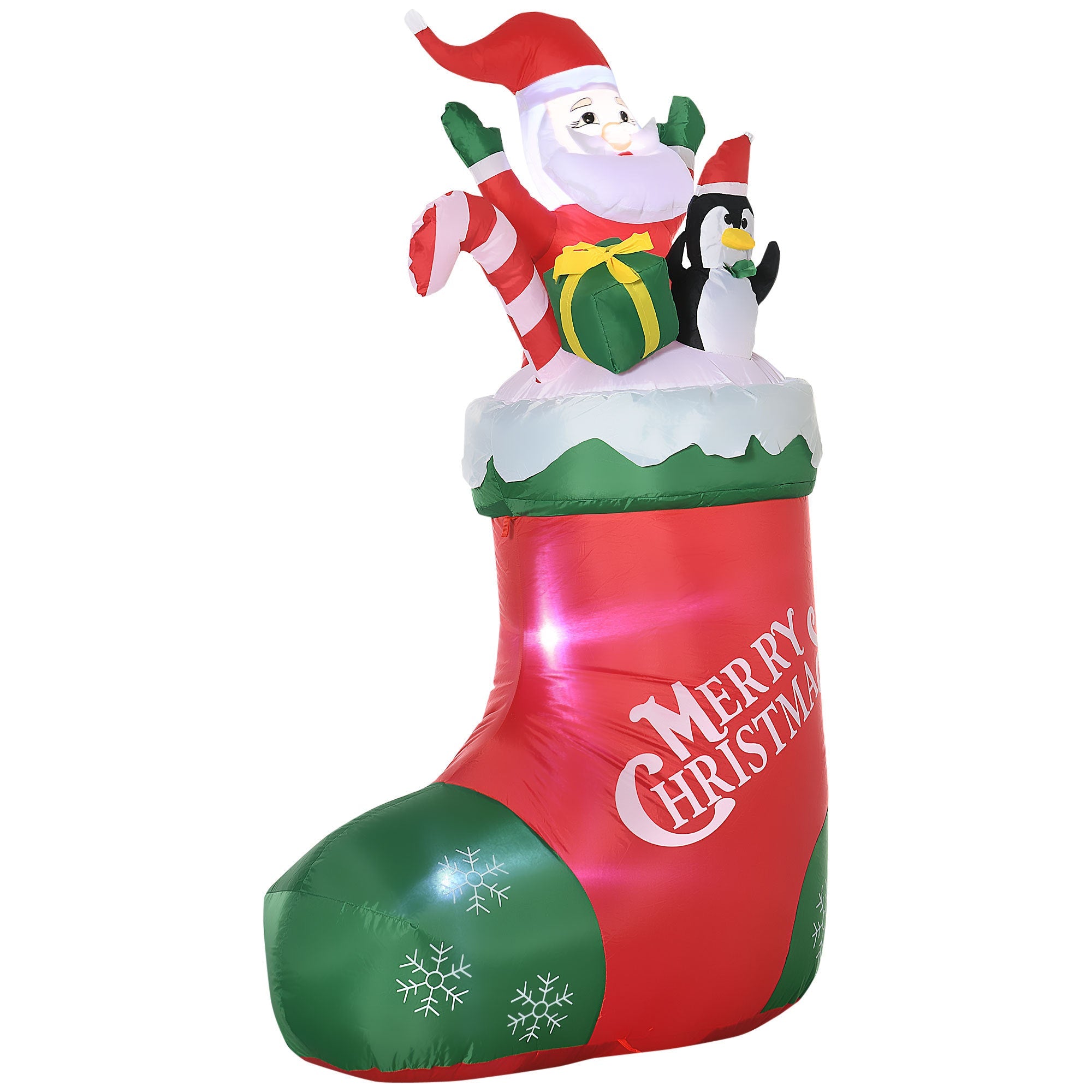 5ft Christmas Inflatables Decorations Santa and Penguin Standing in Sock with Candy Cane Gift Box, Blow-Up LED Yard Decor