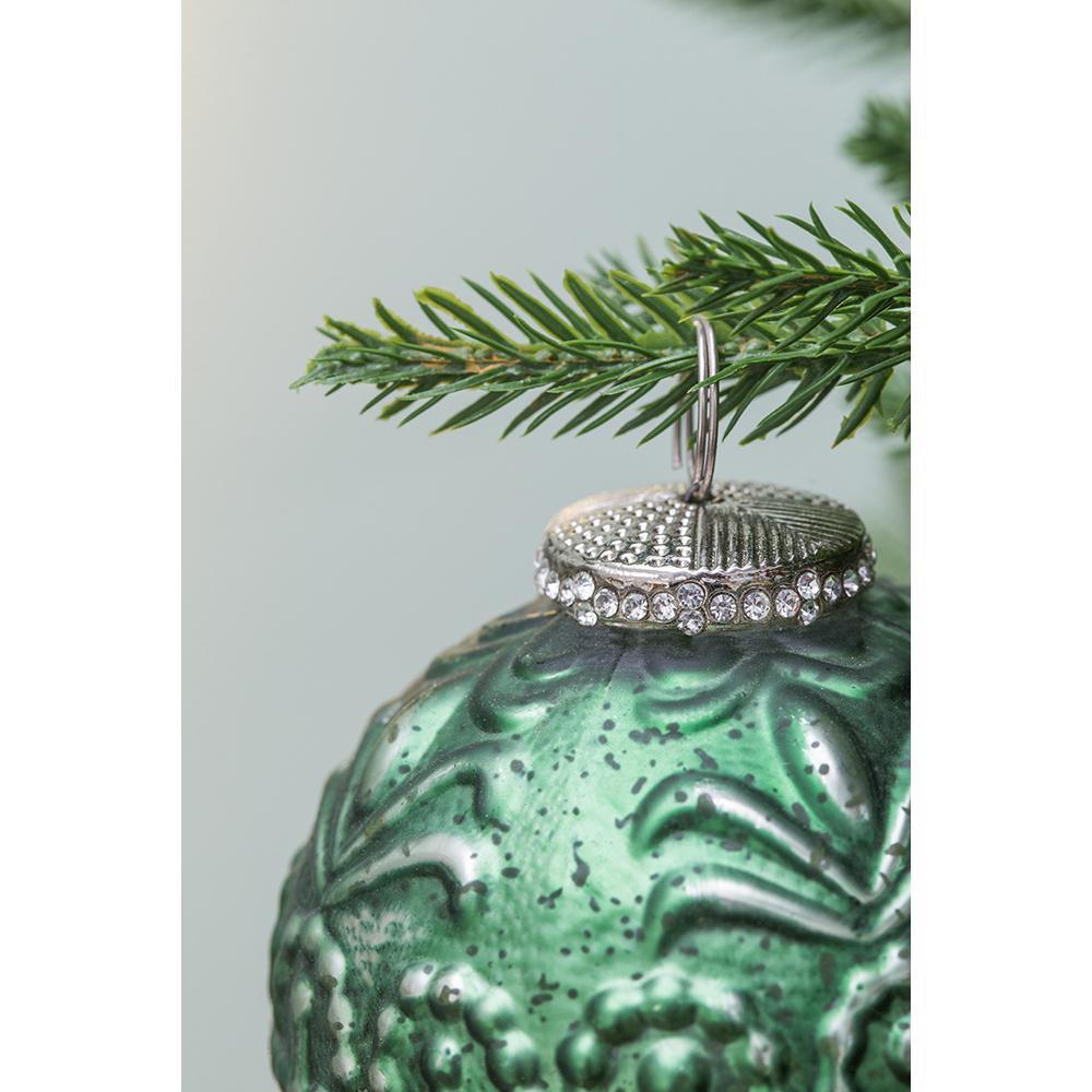 Green Etched Christmas Ball Ornaments,  Set of 6