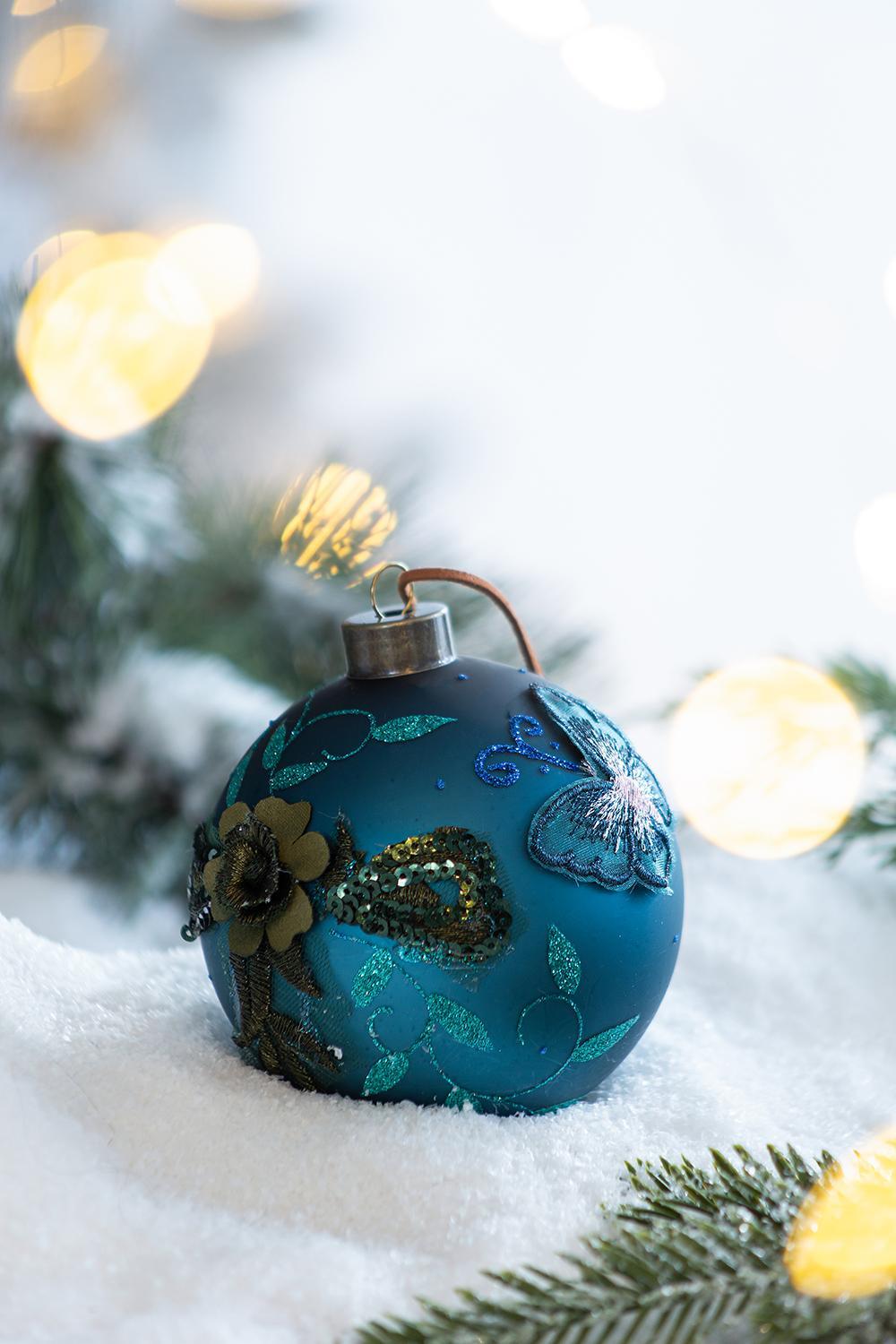 Blue with Gold Flowers Christmas Ball Ornaments,  Set of 4