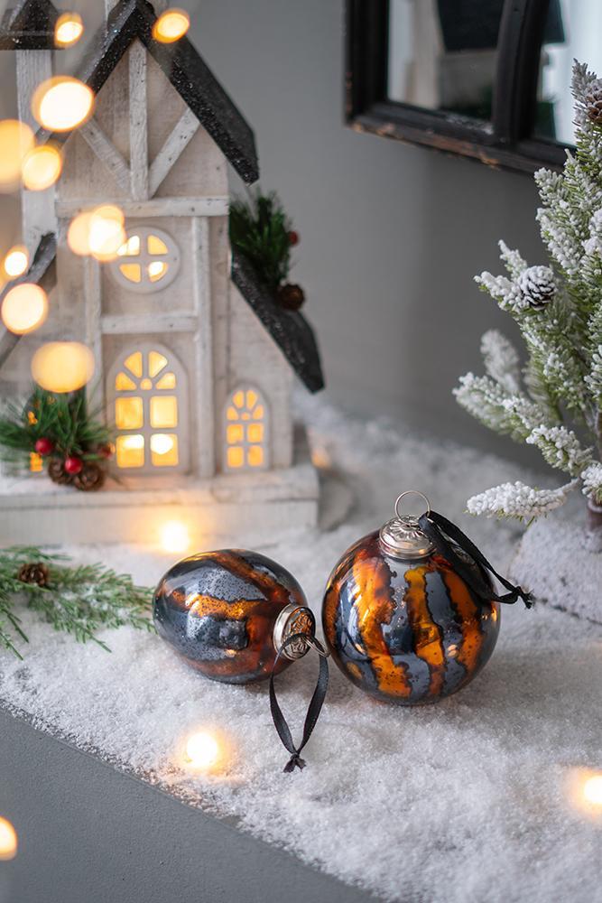 Amber and Black Decorative Hanging Ball Christmas Tree Ornaments - Set of 6