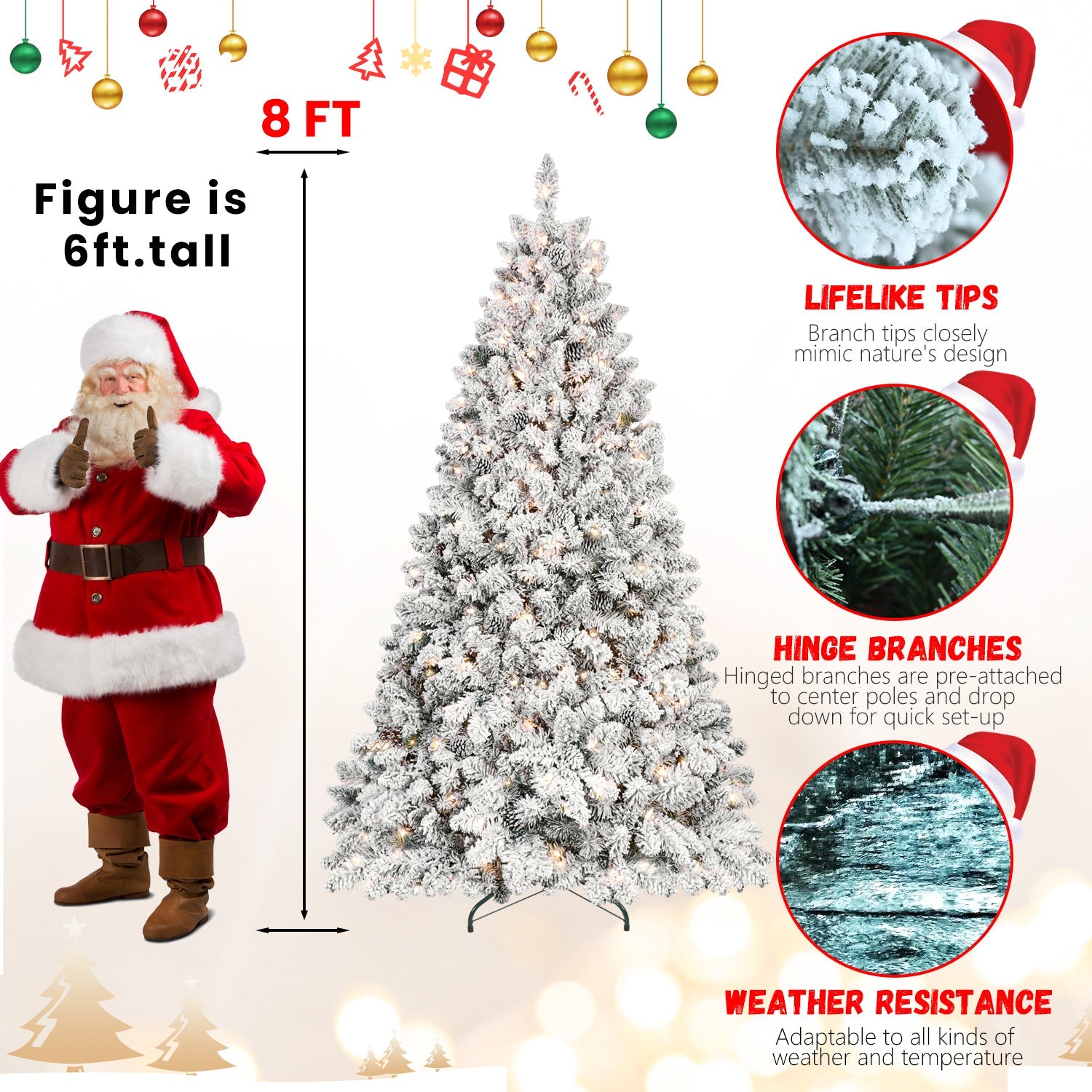 8FT Snow-Flocked Prelit Christmas Tree with Pine Cones & Metal Base.