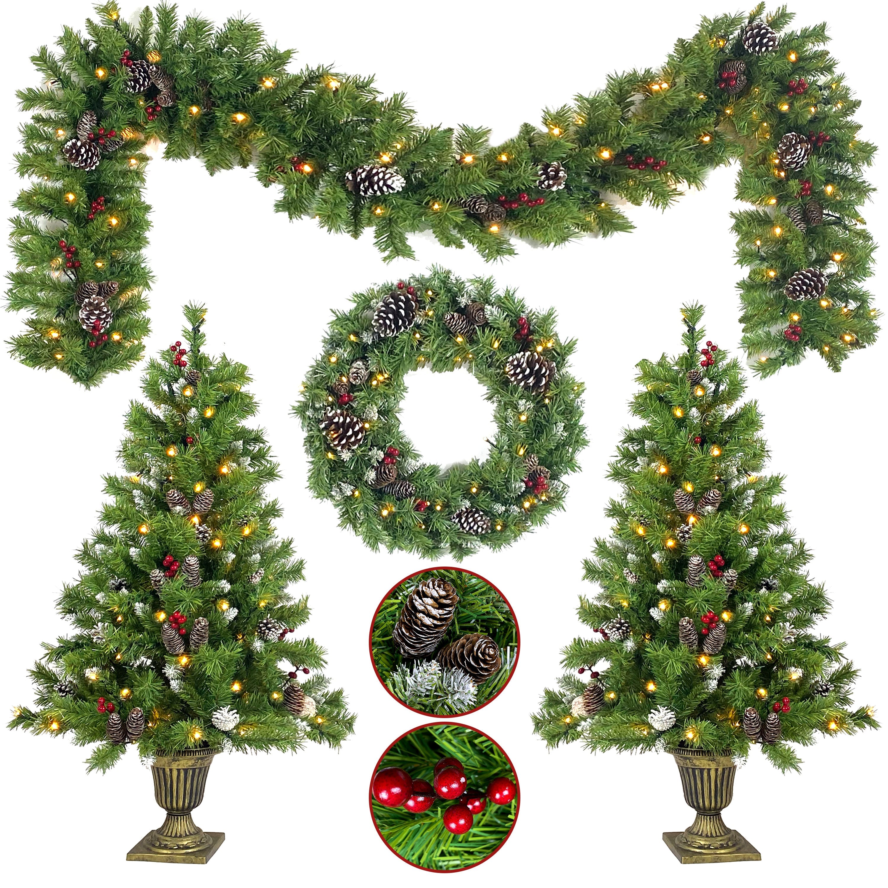 Pre-lit Christmas 4-Piece Set, Garland, Wreath and Set of 2 Entrance Trees X-mas with LED Lights