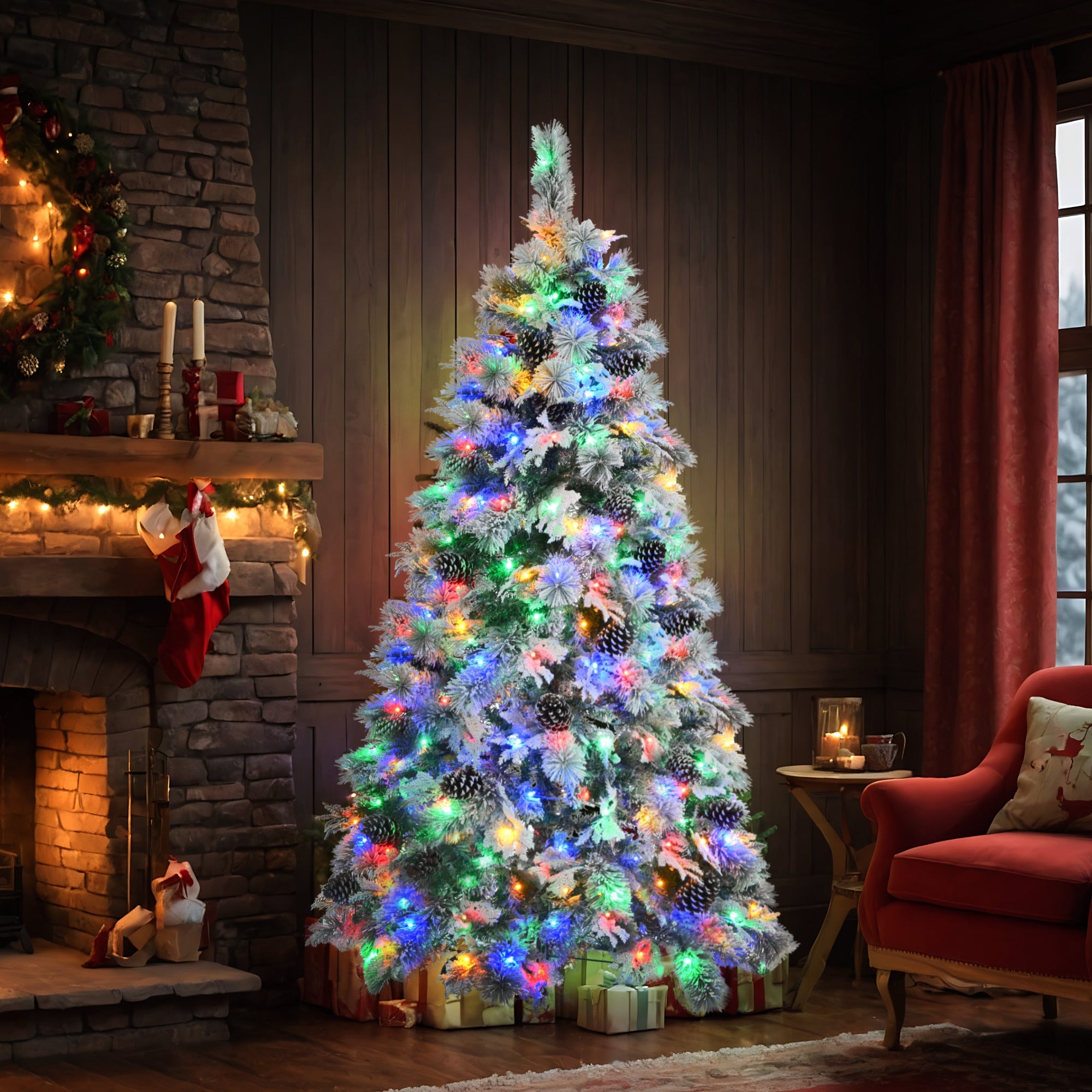 6FT Pre-Lit Spruce Snow Flocked Christmas Tree with Pine Cones, 250 Multi-Color LED Lights, 11 Flashing Modes,