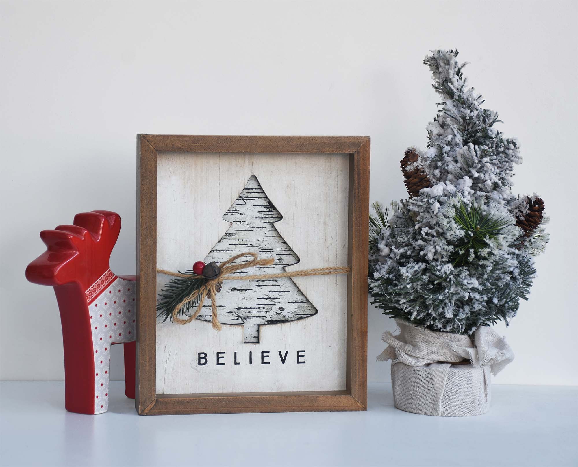 Wood Sign with Cutout Christmas Tree and Berries-Believe